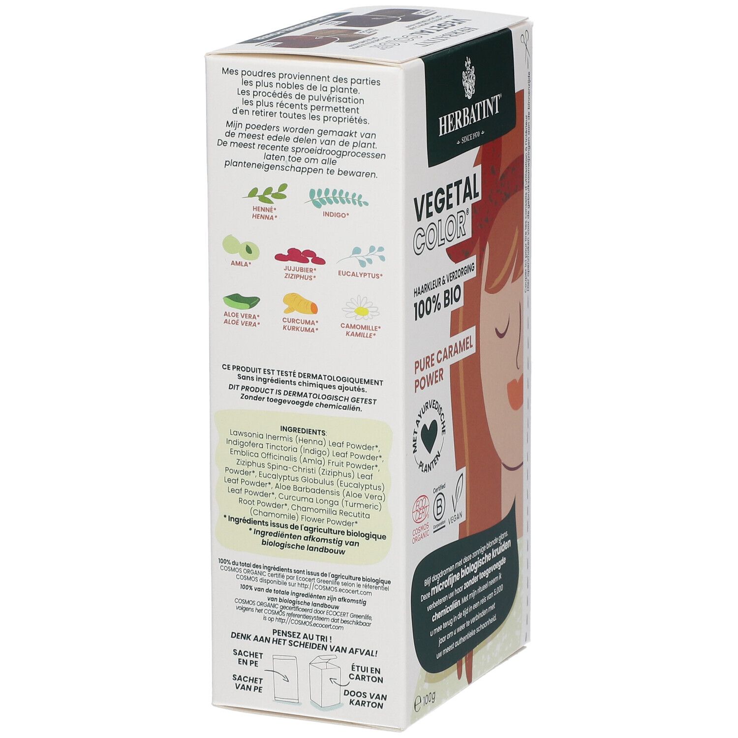 HERBATINT® Vegetal Color doos. Pure Caramel Power. Ingrediëntenlijst. Vegan en Cosmos Organic gecertificeerd. Zijaanzicht.