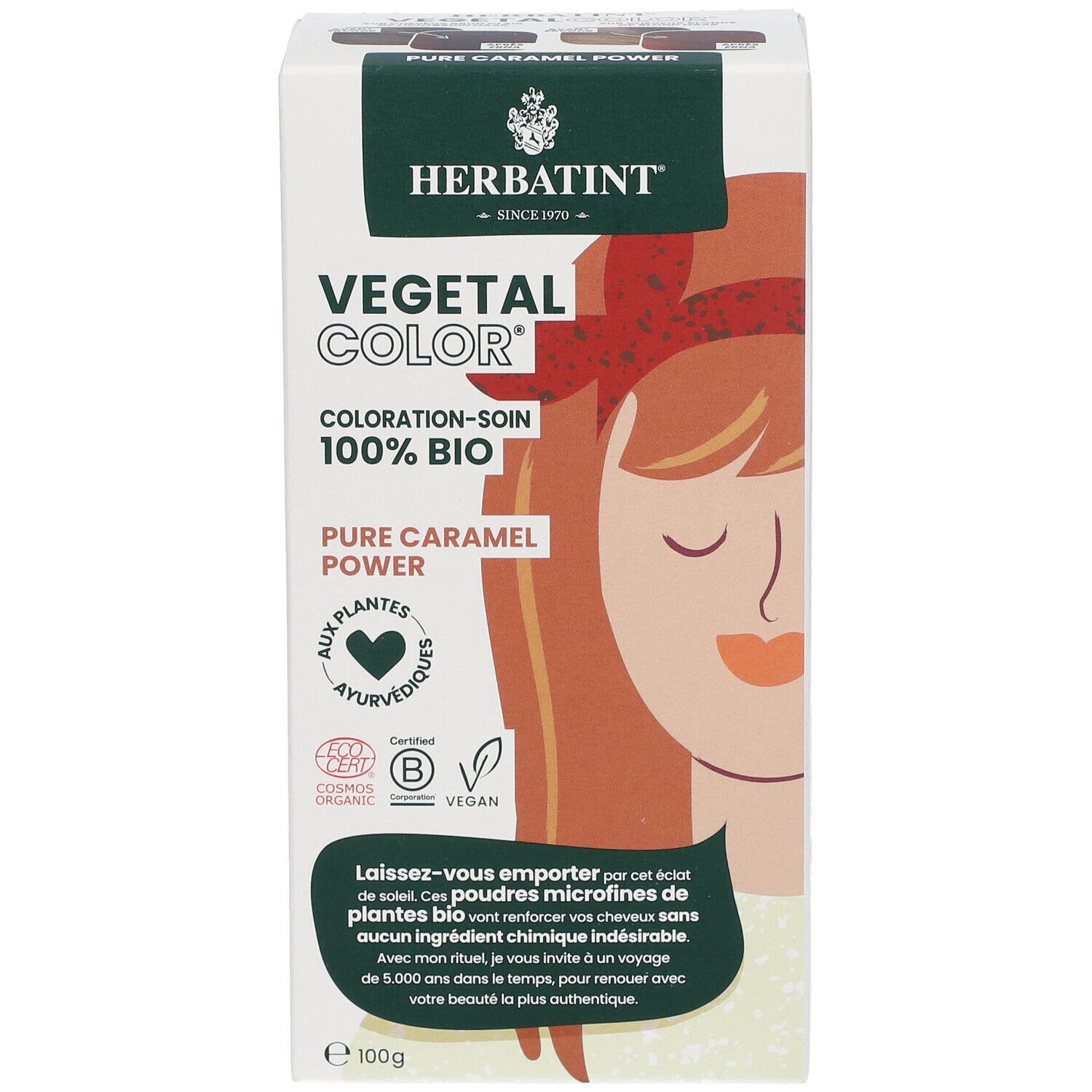 HERBATINT® Vegetal Color doos. Pure Caramel Power. 100% Bio. Vegan en Cosmos Organic gecertificeerd. Vooraanzicht.
