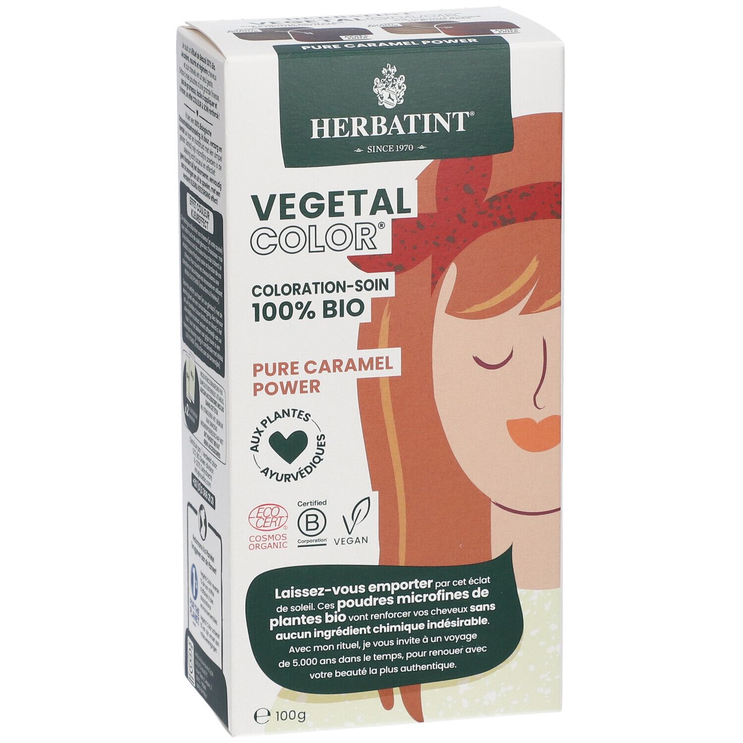 HERBATINT® Vegetal Color doos. Pure Caramel Power. 100% Bio. Vegan en Cosmos Organic gecertificeerd. Vooraanzicht.