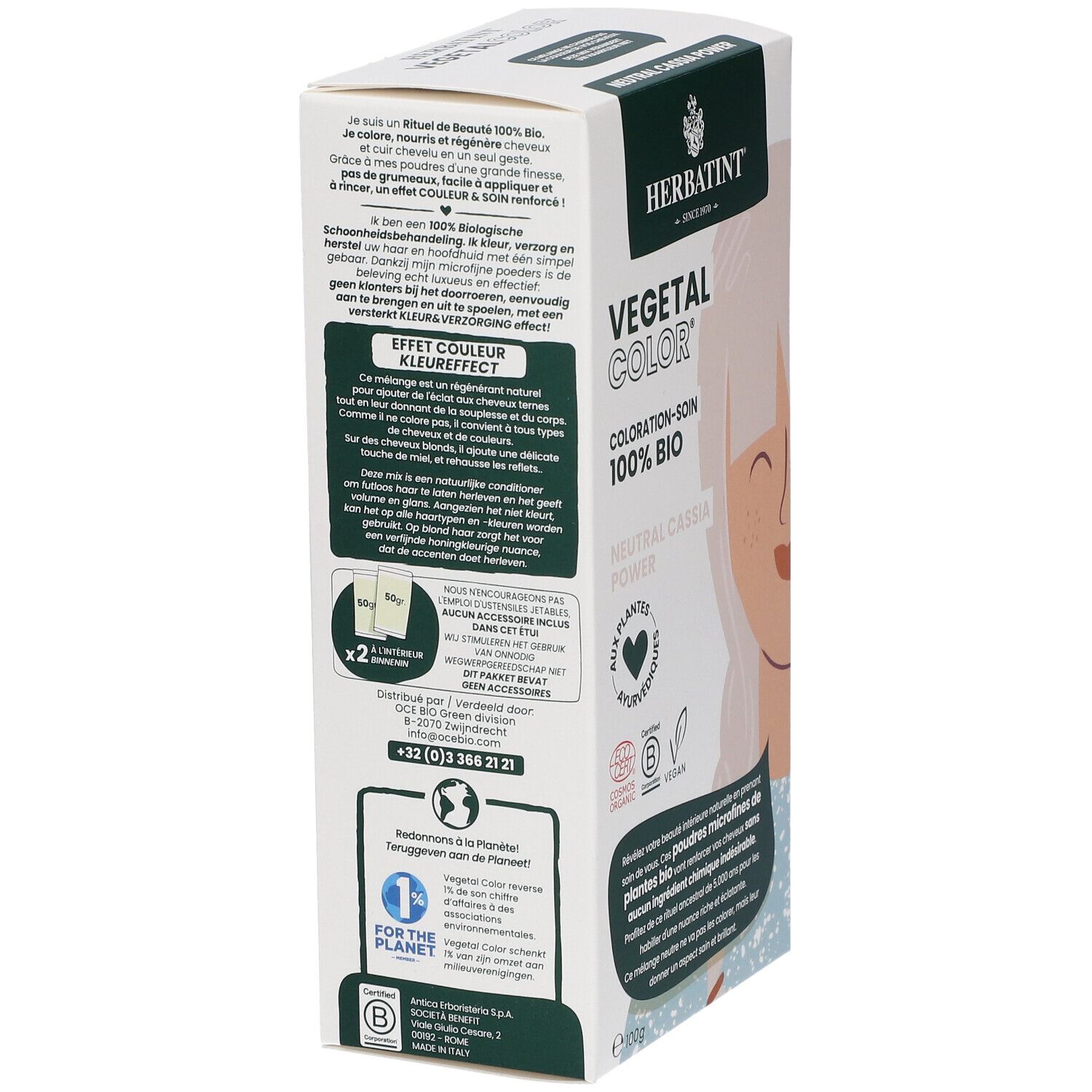HERBATINT® Vegetal Color® - Neutral Cassia Power. Verpakking, zijaanzicht met tekst en logo's.