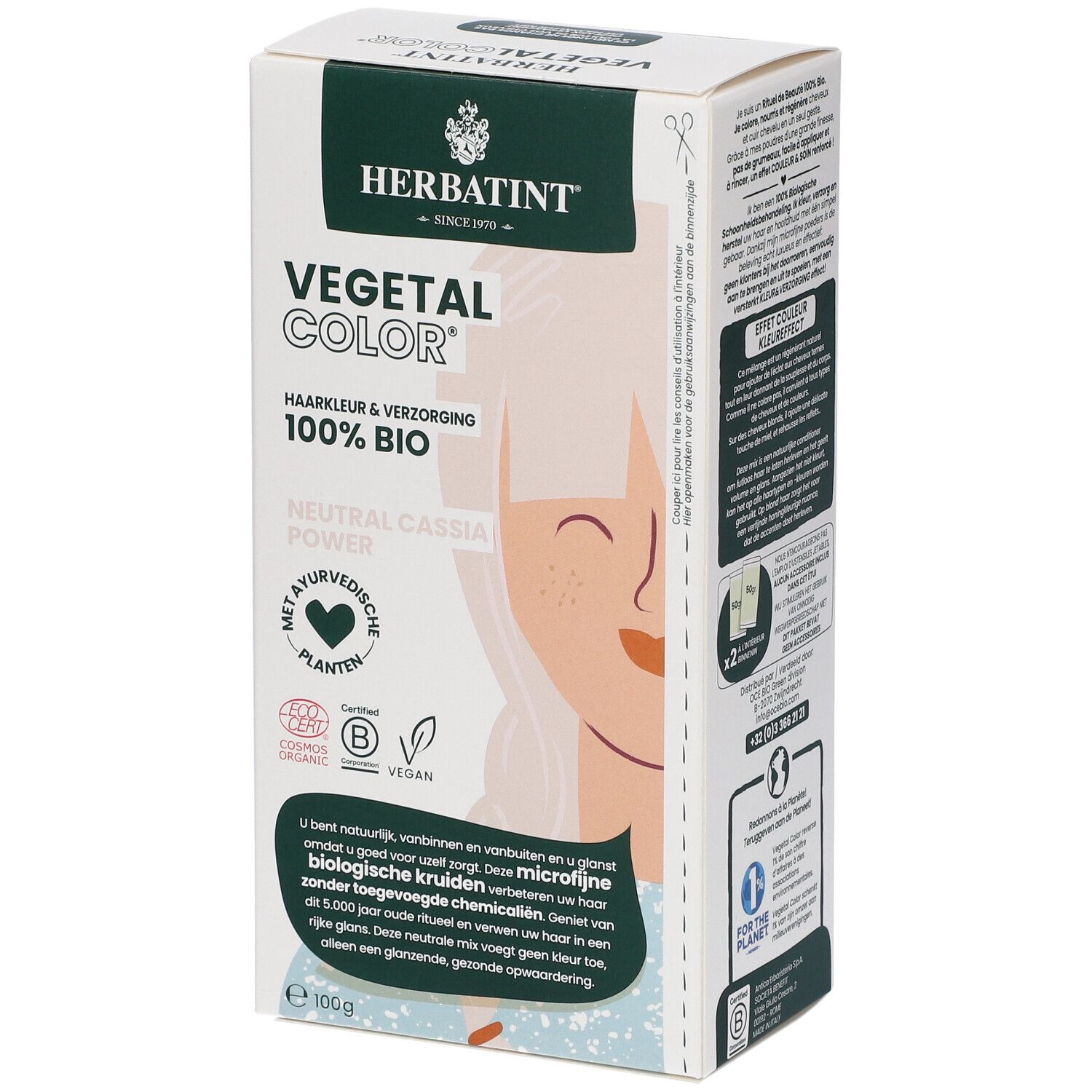 HERBATINT® Vegetal Color® - Neutral Cassia Power. Verpakking, zijaanzicht met tekst en illustratie.