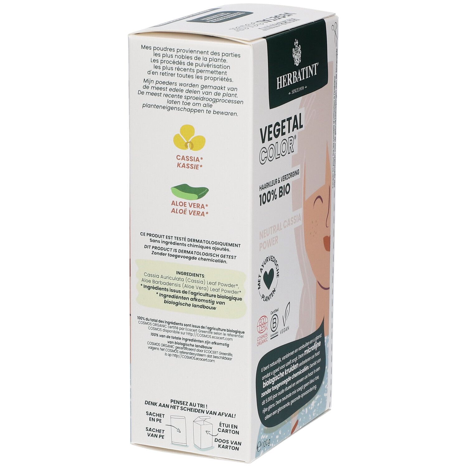 HERBATINT® Vegetal Color® - Neutral Cassia Power. Verpakking, zijaanzicht met tekst en ingrediënten.