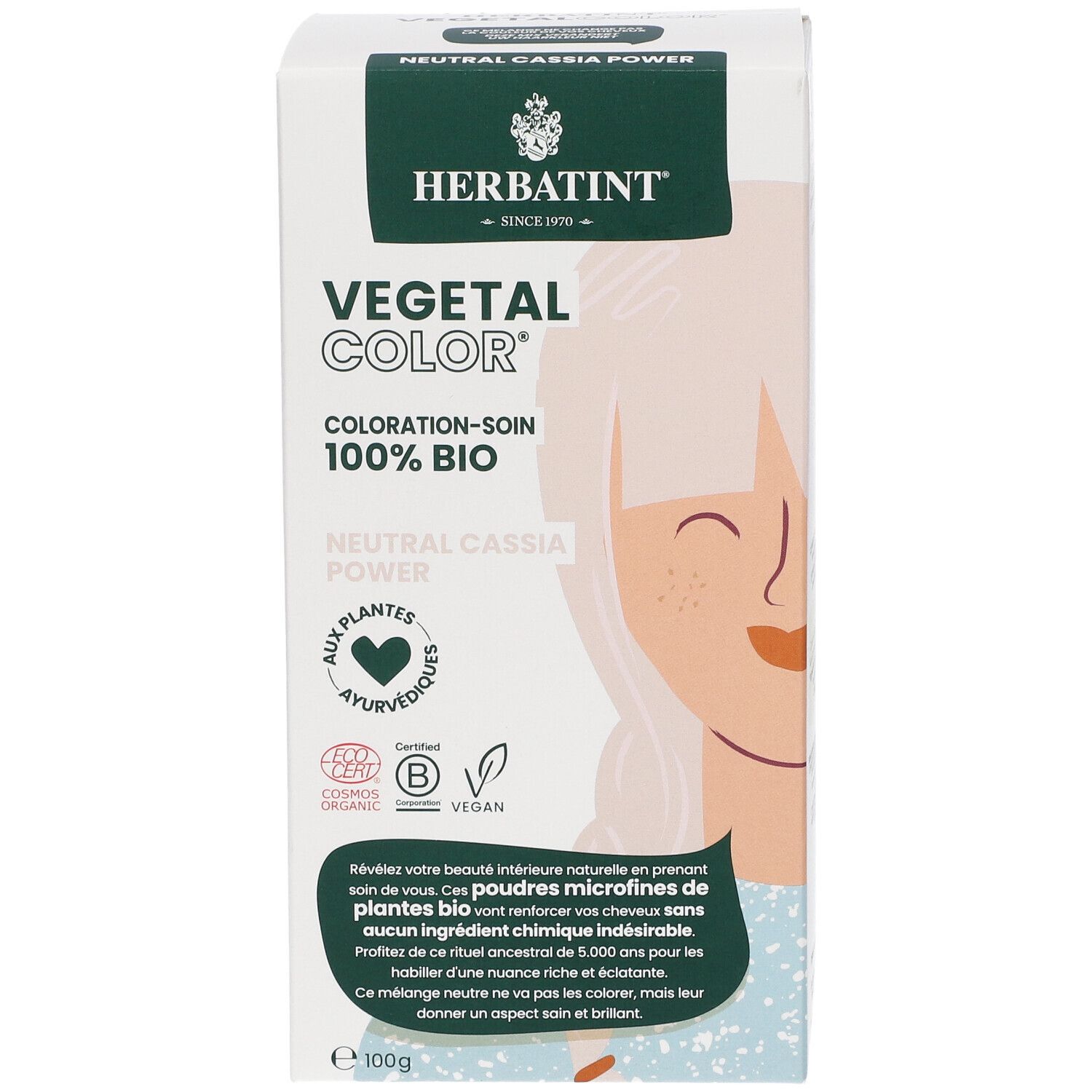 HERBATINT® Vegetal Color® - Neutral Cassia Power. Kartonnen verpakking met productinformatie en illustratie.