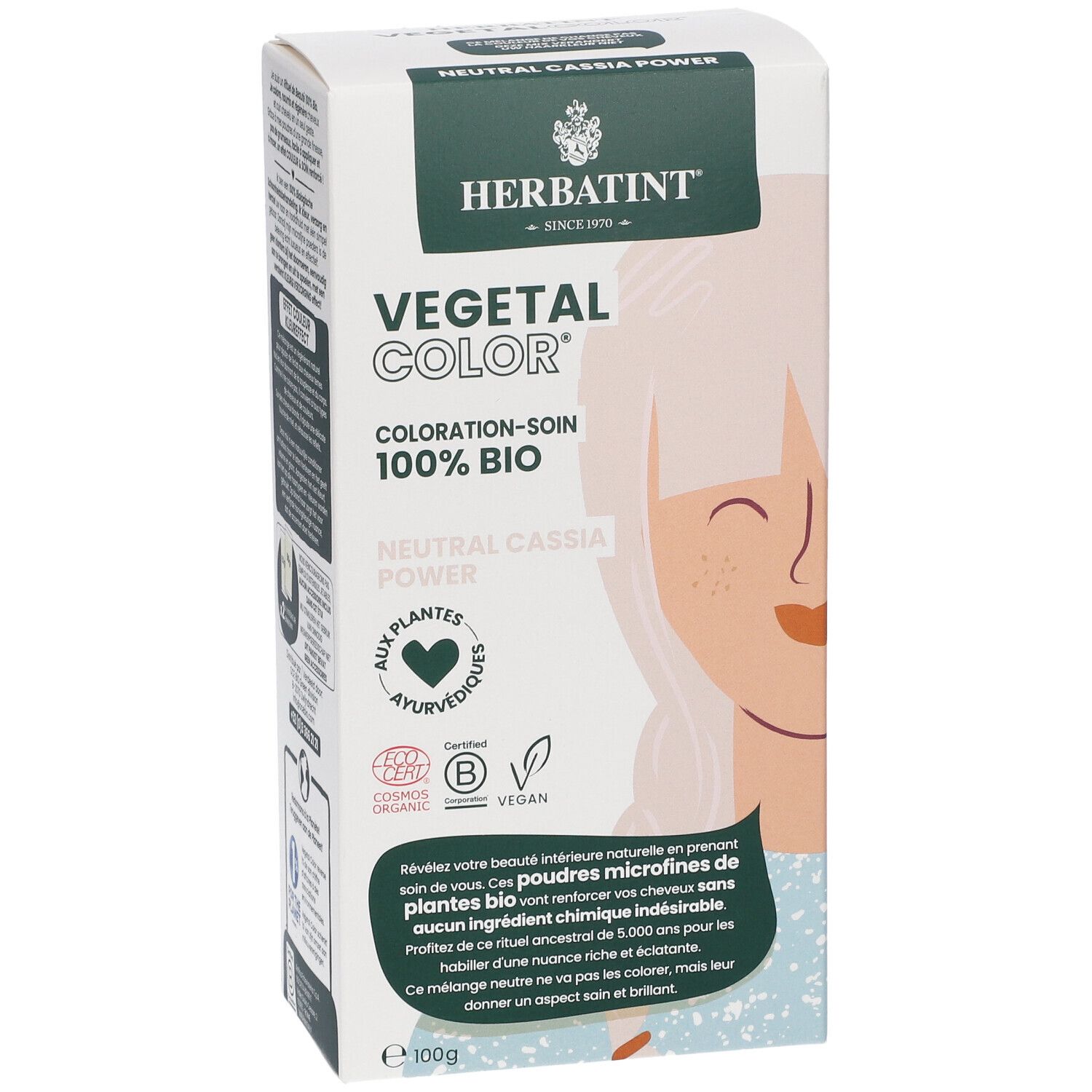 HERBATINT® Vegetal Color® - Neutral Cassia Power. Kartonnen verpakking met productinformatie en illustratie.