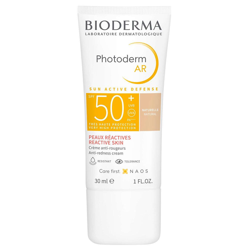 Witte crème tube met gele en beige elementen. Opschriften: BIODERMA, Photoderm AR, SPF 50+, Peaux réactives, 30 ml.