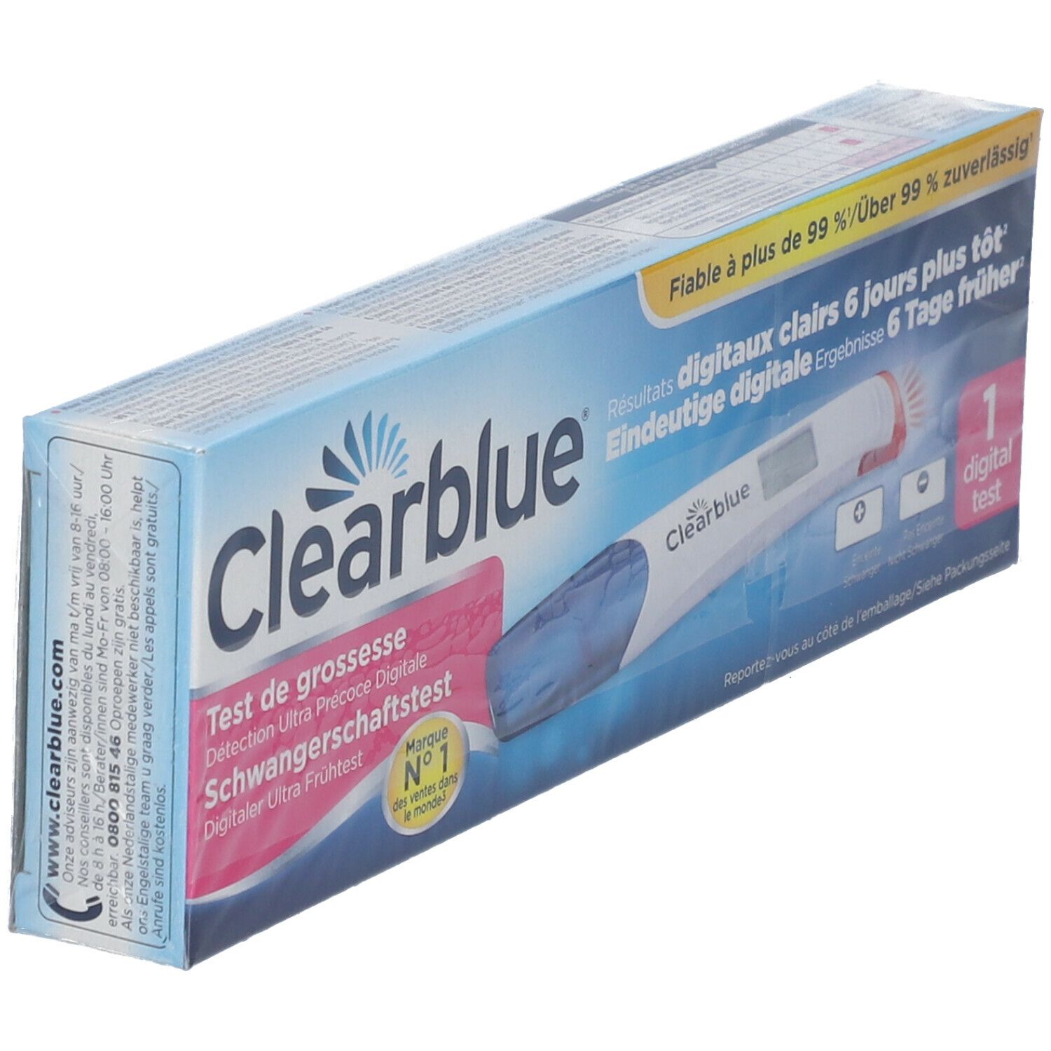 Doos Clearblue Test de grossesse digital ultra précoce. Blauwe verpakking met digitale test en tekst.
