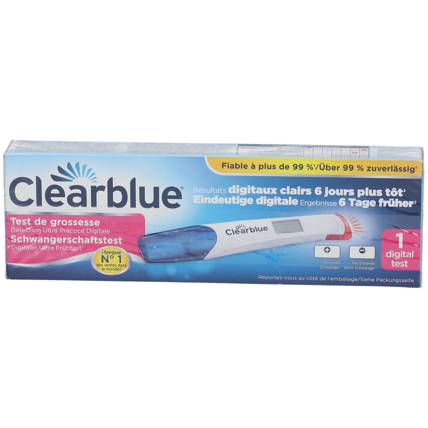 Verpakking Clearblue Test de grossesse digital ultra précoce. Blauwe doos met digitale test en tekst.