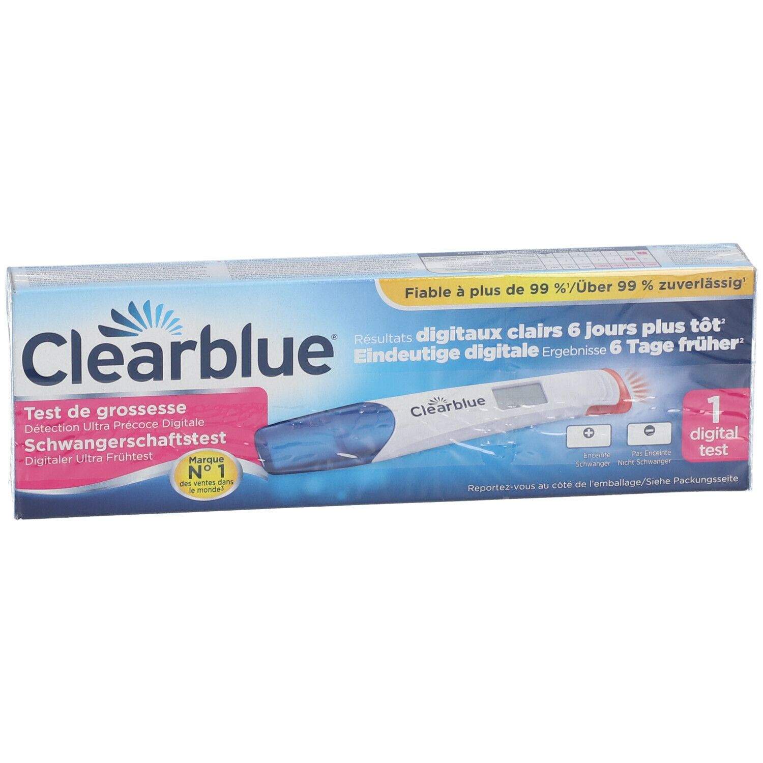 Verpakking Clearblue Test de grossesse digital ultra précoce. Blauwe doos met digitale test en tekst.