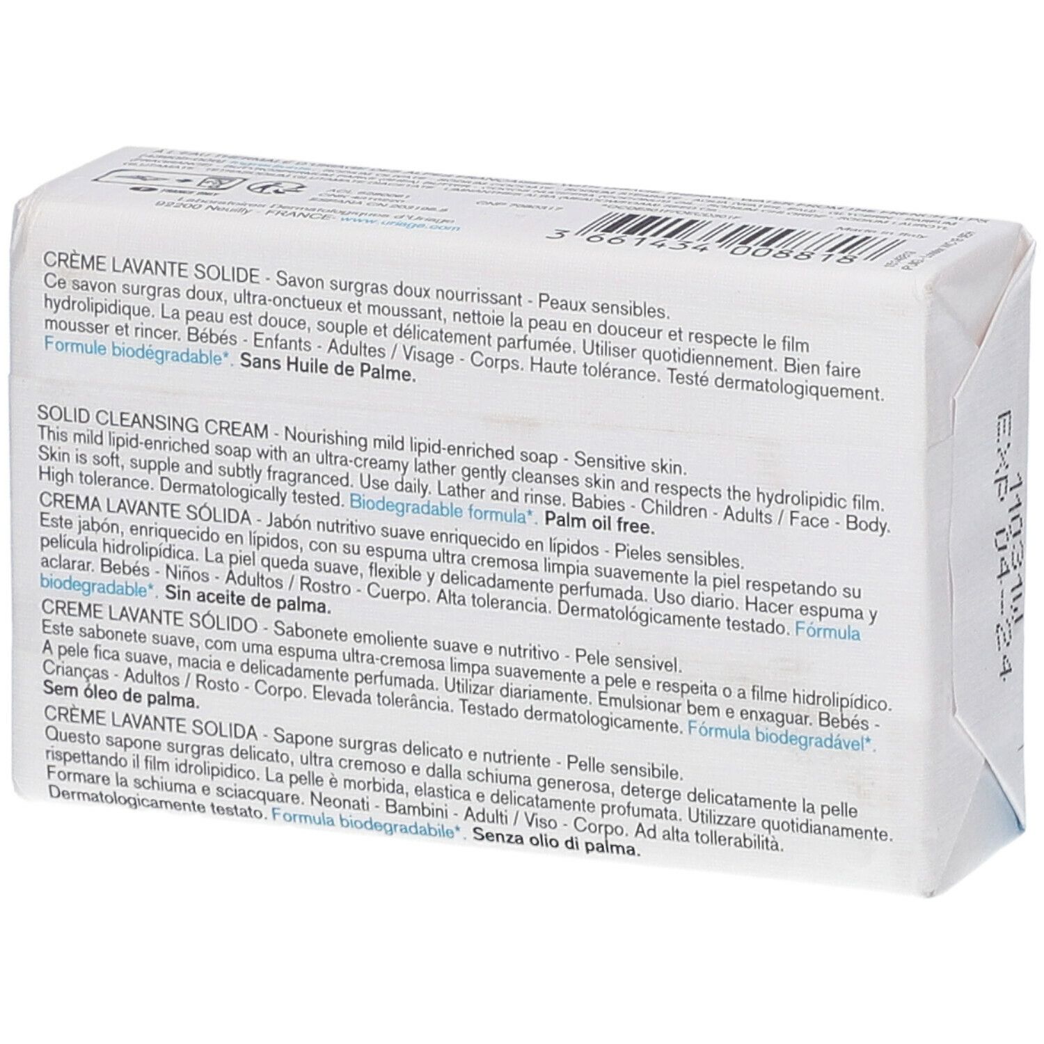 Achterkant van de zeepverpakking. Tekst in meerdere talen: Crème Lavante Solide, Solid Cleansing Cream.