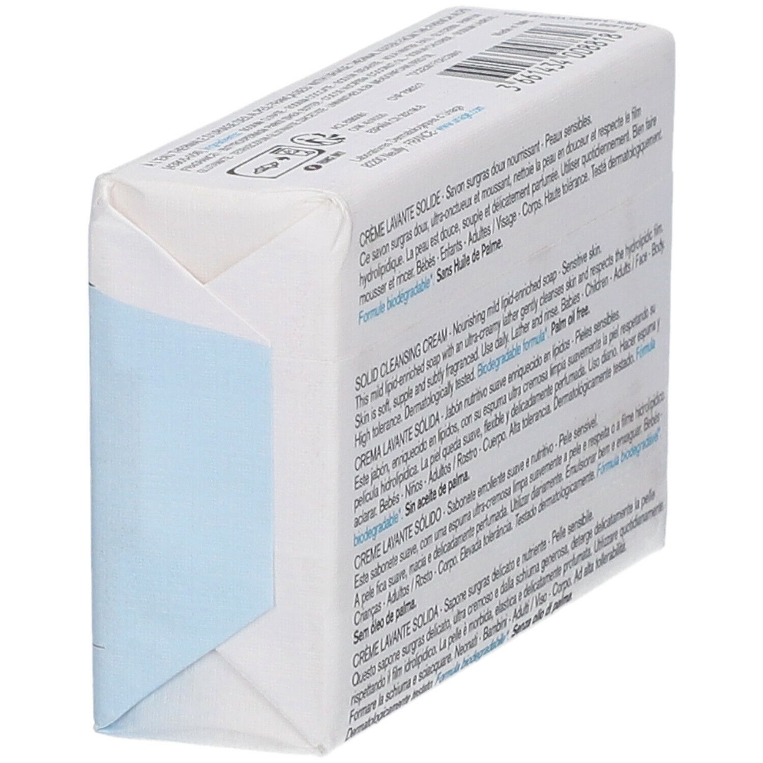 Verpakking van een wit zeepblok. Tekst: Crème Lavante Solide, Solid Cleansing Cream. Achterkant.