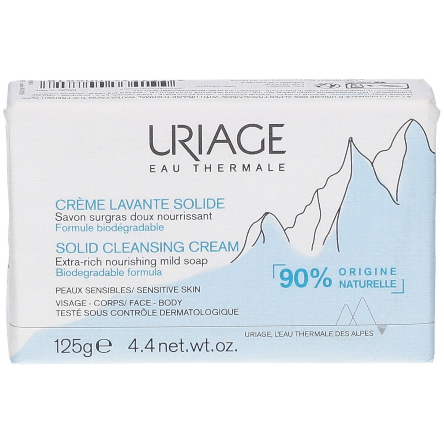 Witte zeepblok in verpakking. Merk URIAGE, tekst: Crème Lavante Solide, 90% natuurlijke ingrediënten.
