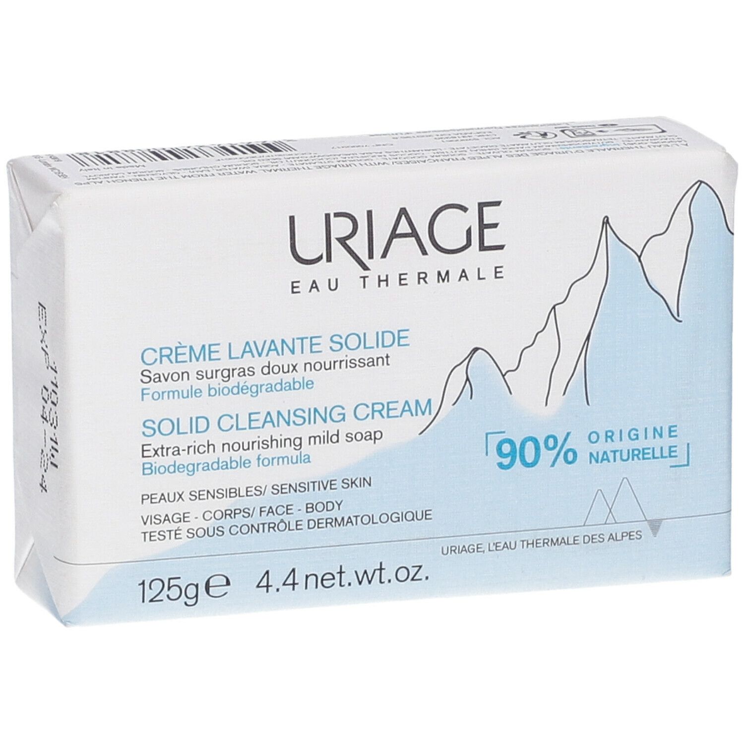 Witte zeepblok in verpakking. Merk URIAGE, tekst: Crème Lavante Solide, 90% natuurlijke ingrediënten.