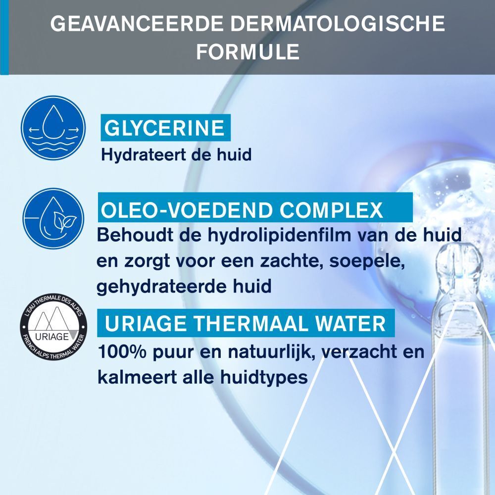 Grafiek met ingrediënten. Tekst: Glycerine, Olie-voedend complex, Uriage thermaal water.