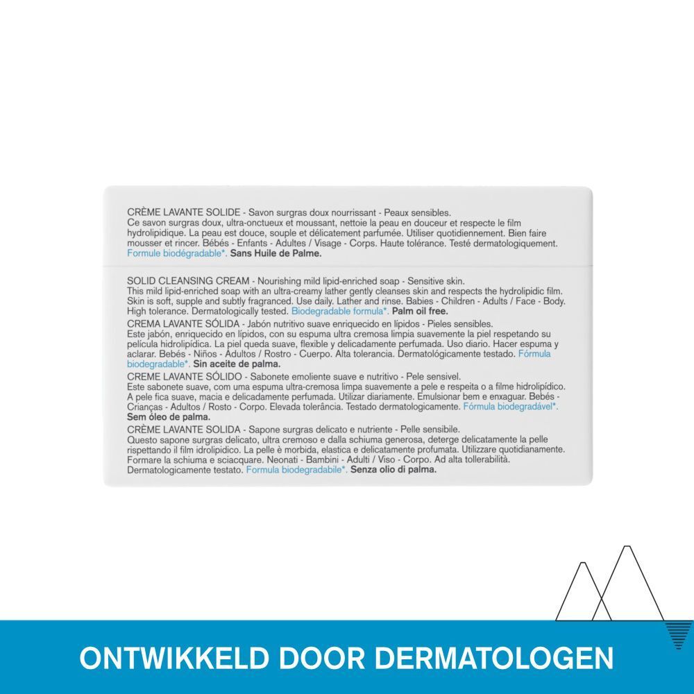 Achterkant van de zeepverpakking. Tekst in meerdere talen: Crème Lavante Solide, Solid Cleansing Cream.