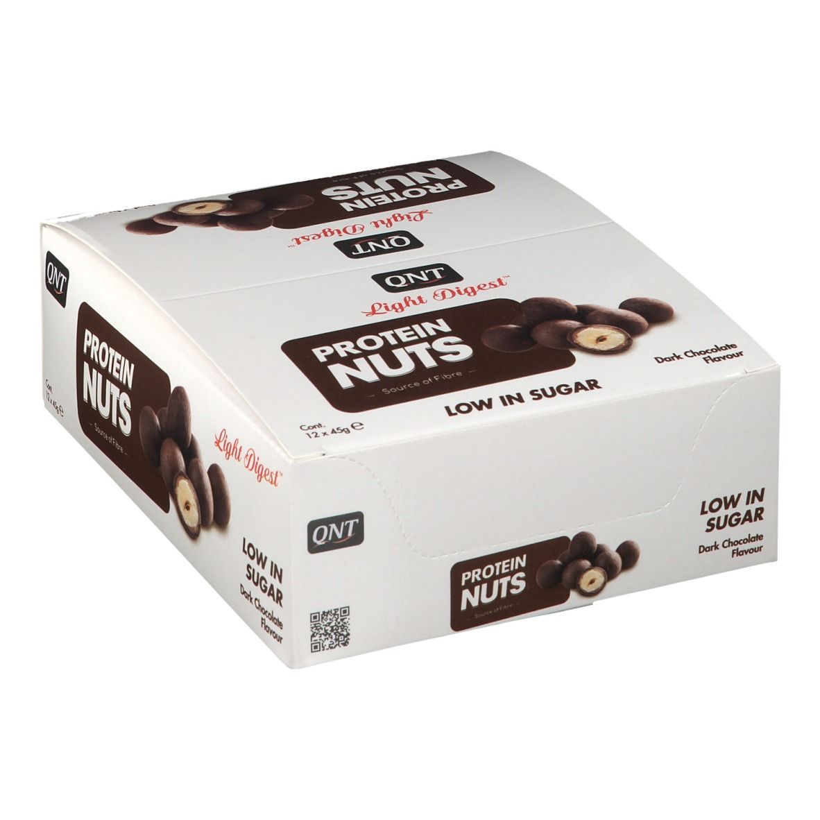 Verpakking QNT Protein Nuts. Opschrift: Protein Nuts, Low in Sugar, Dark Chocolate Flavor. 12x45g.