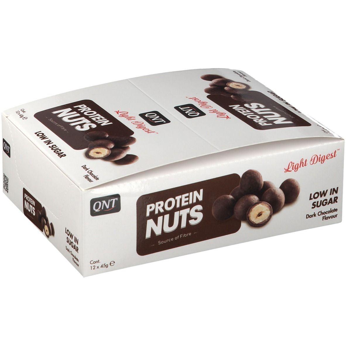 Verpakking QNT Protein Nuts. Opschrift: Protein Nuts, Low in Sugar, Dark Chocolate Flavor. 12x45g.