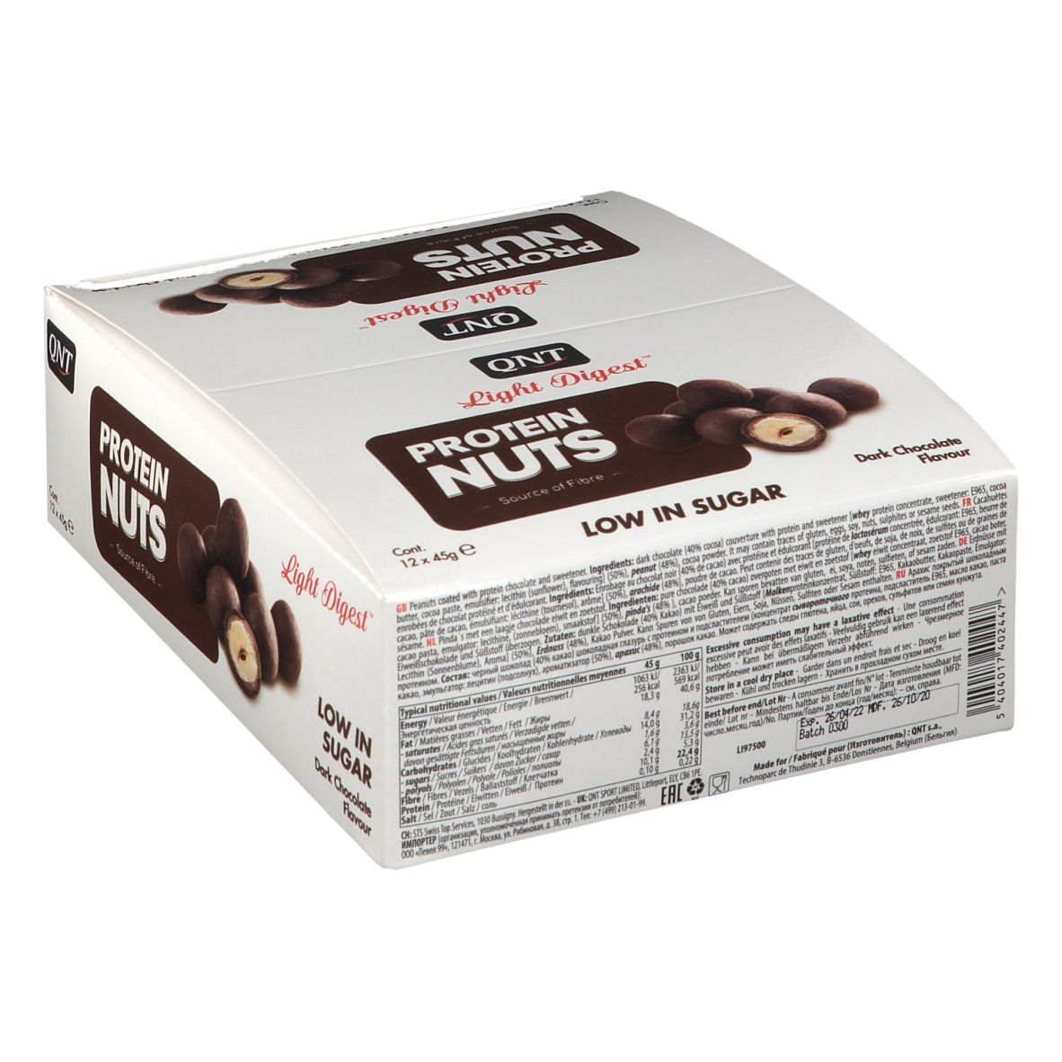 Verpakking QNT Protein Nuts. Opschrift: Protein Nuts, Low in Sugar, Dark Chocolate Flavor. 12x45g. Achterkant met voedingswaarde.