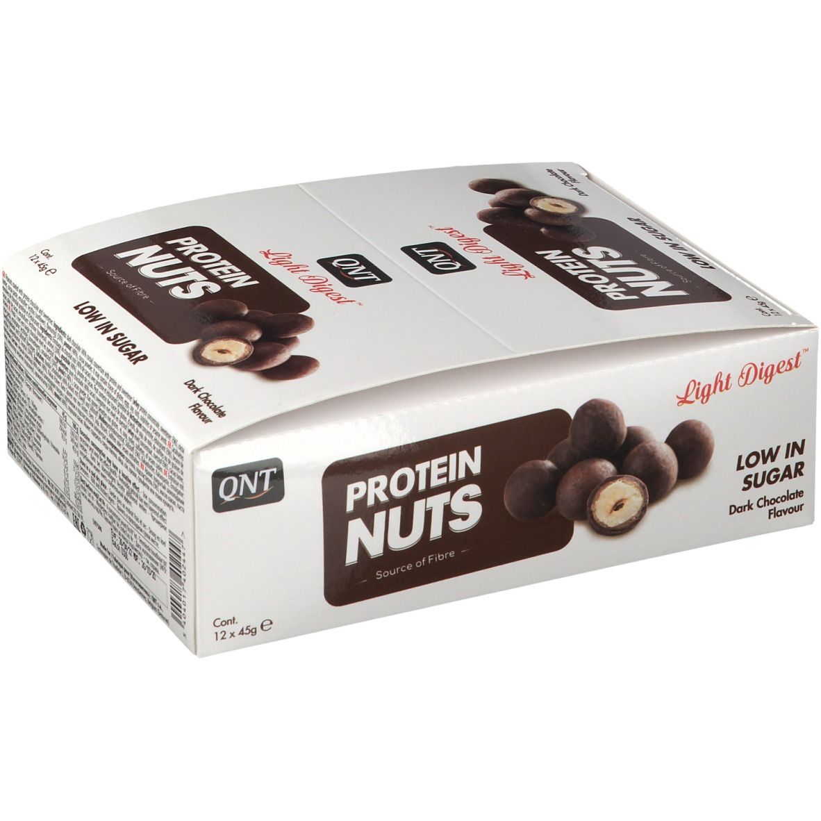 Verpakking QNT Protein Nuts. Opschrift: Protein Nuts, Low in Sugar, Dark Chocolate Flavor. 12x45g.