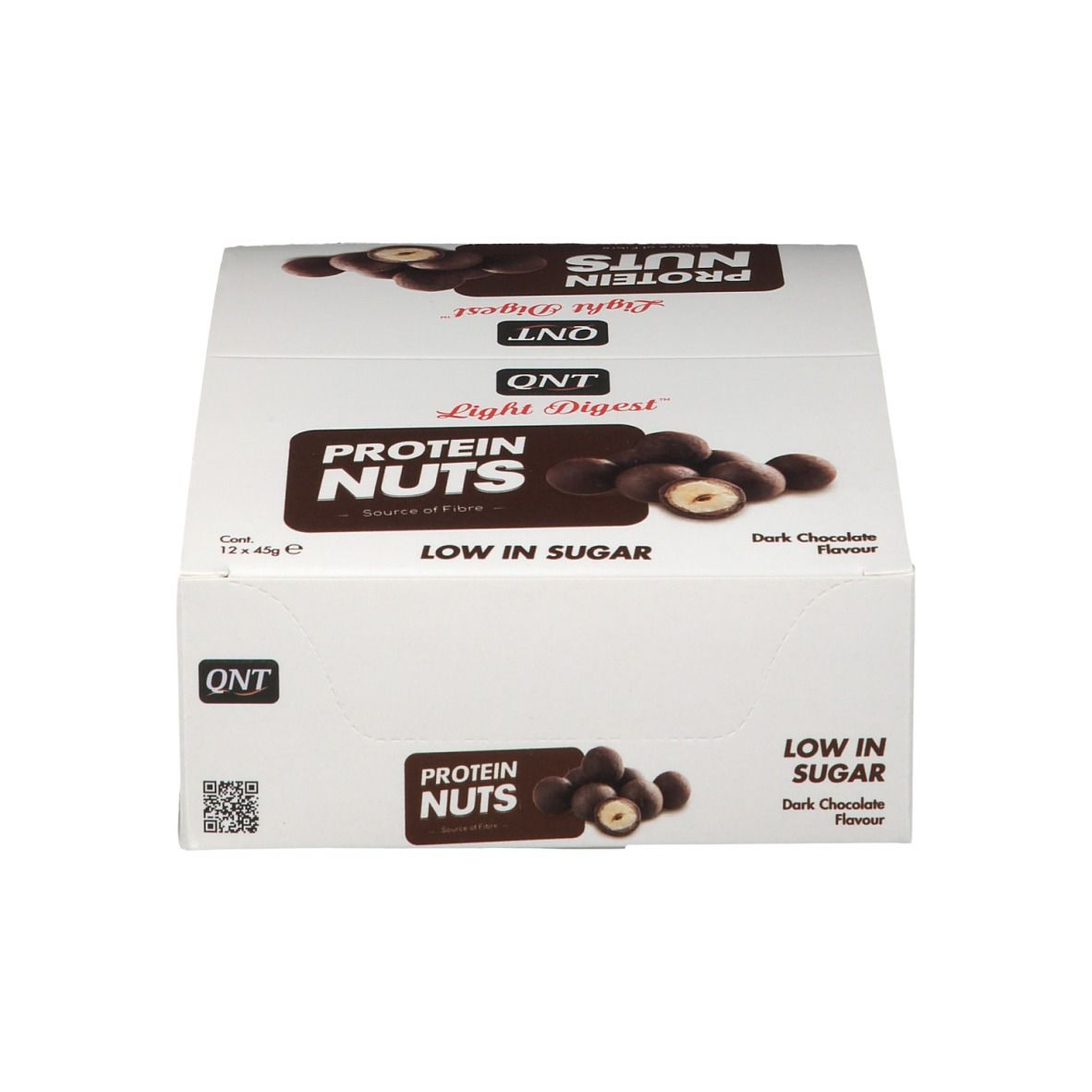 Verpakking QNT Protein Nuts. Opschrift: Protein Nuts, Low in Sugar, Dark Chocolate Flavor. 12x45g.