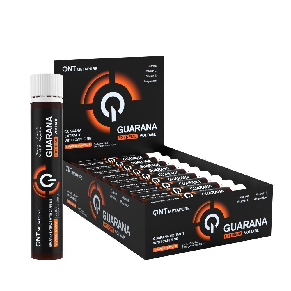 Guarana-Extrakt-Getränk in einer Tube und Karton. Schwarze Verpackung mit weißer und orangefarbener Schrift. Enthält Koffein.