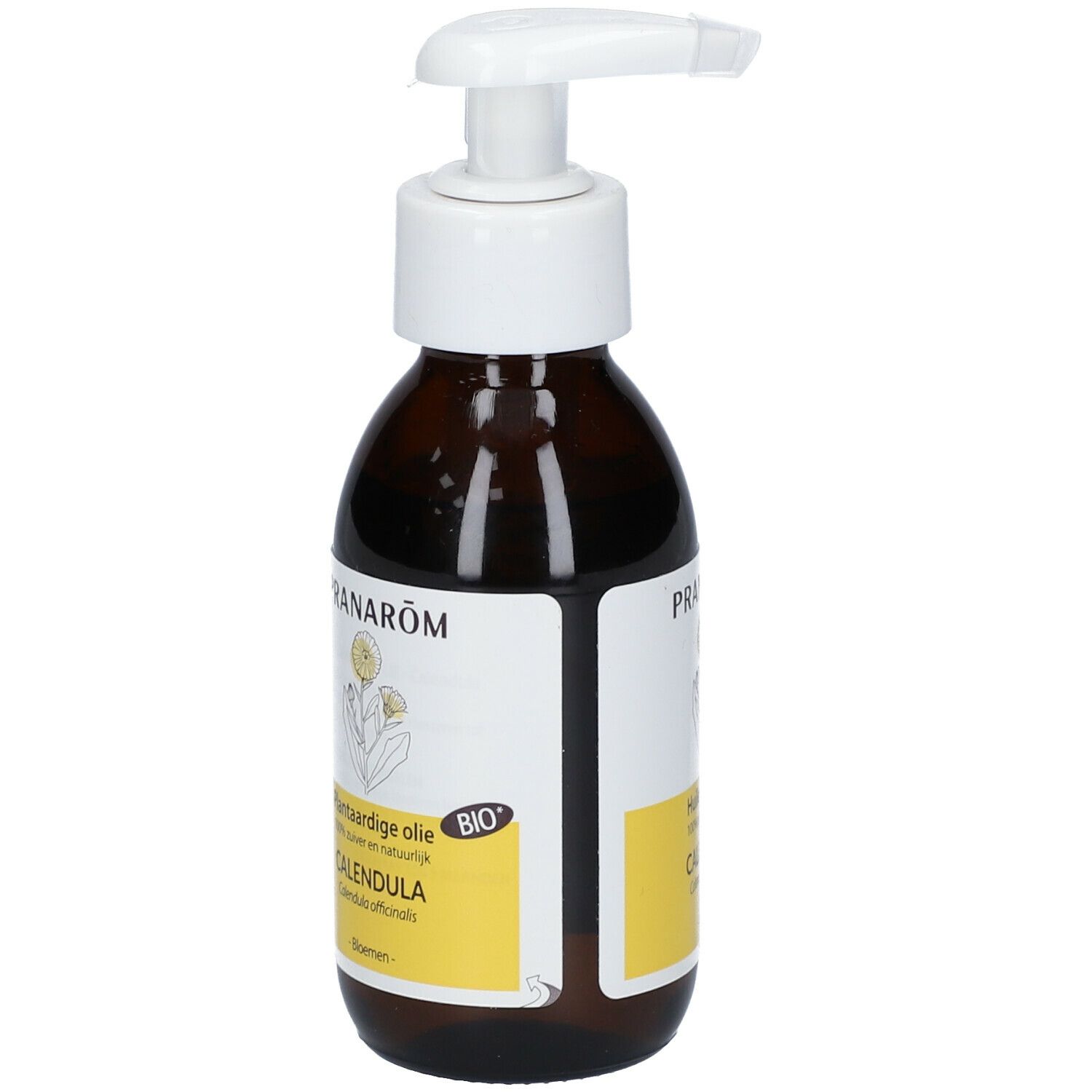 Braune Glasflasche mit weißem Pumpkopf. Etikett mit Produktnamen, Logo und BIO-Siegel. Aufschrift: Calendula.