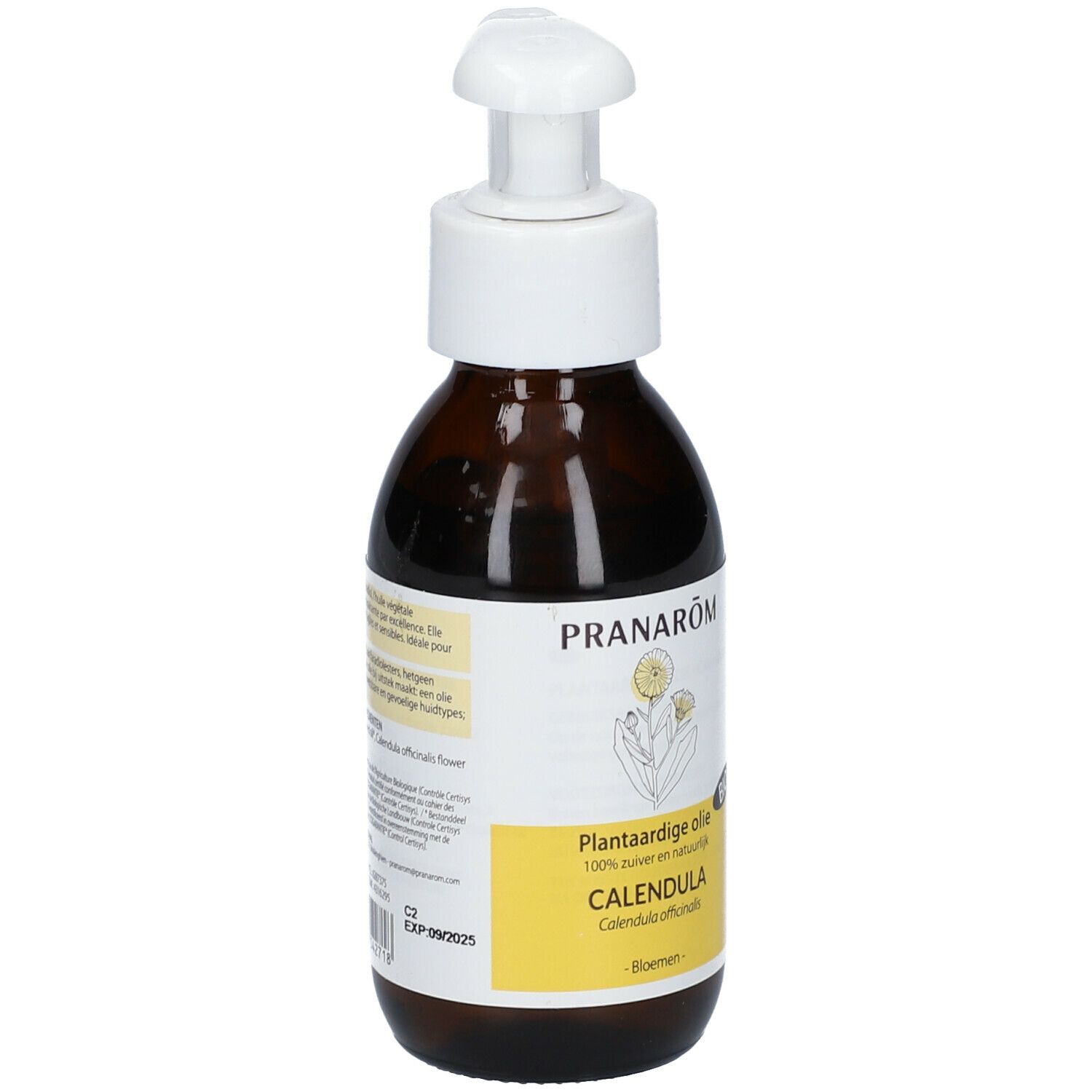Braune Glasflasche mit weißem Pumpkopf. Etikett mit Produktnamen, Logo und BIO-Siegel. Aufschrift: Calendula.
