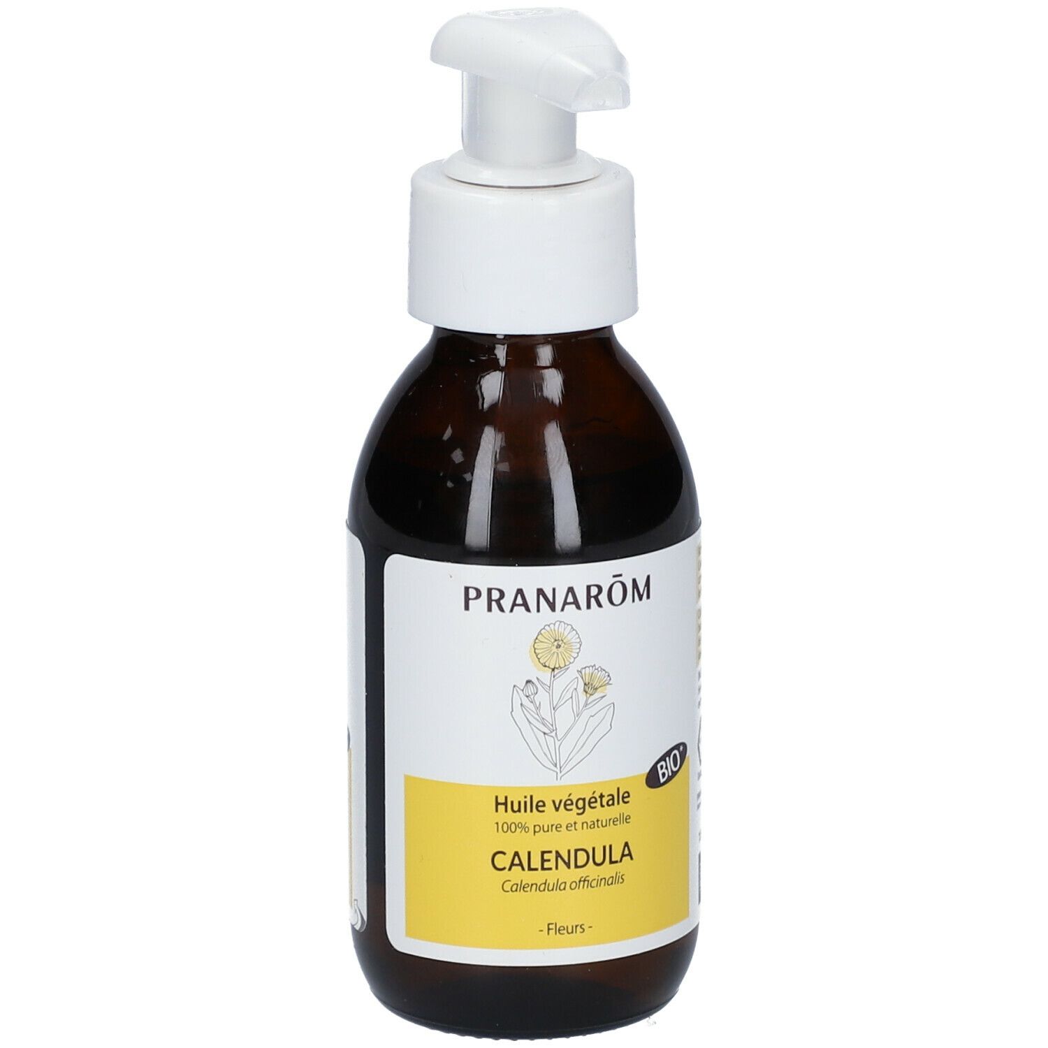 Braune Glasflasche mit weißem Pumpkopf. Etikett mit Produktnamen, Logo und BIO-Siegel. Aufschrift: Calendula.