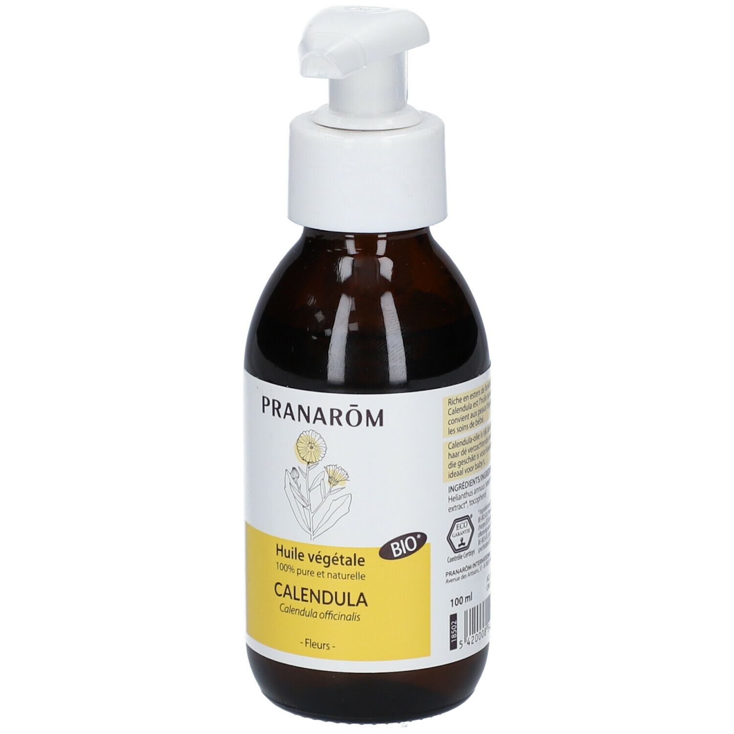 Braune Glasflasche mit weißem Pumpkopf. Etikett mit Produktnamen, Logo und BIO-Siegel. Aufschrift: Calendula. Volumen: 100 ml.