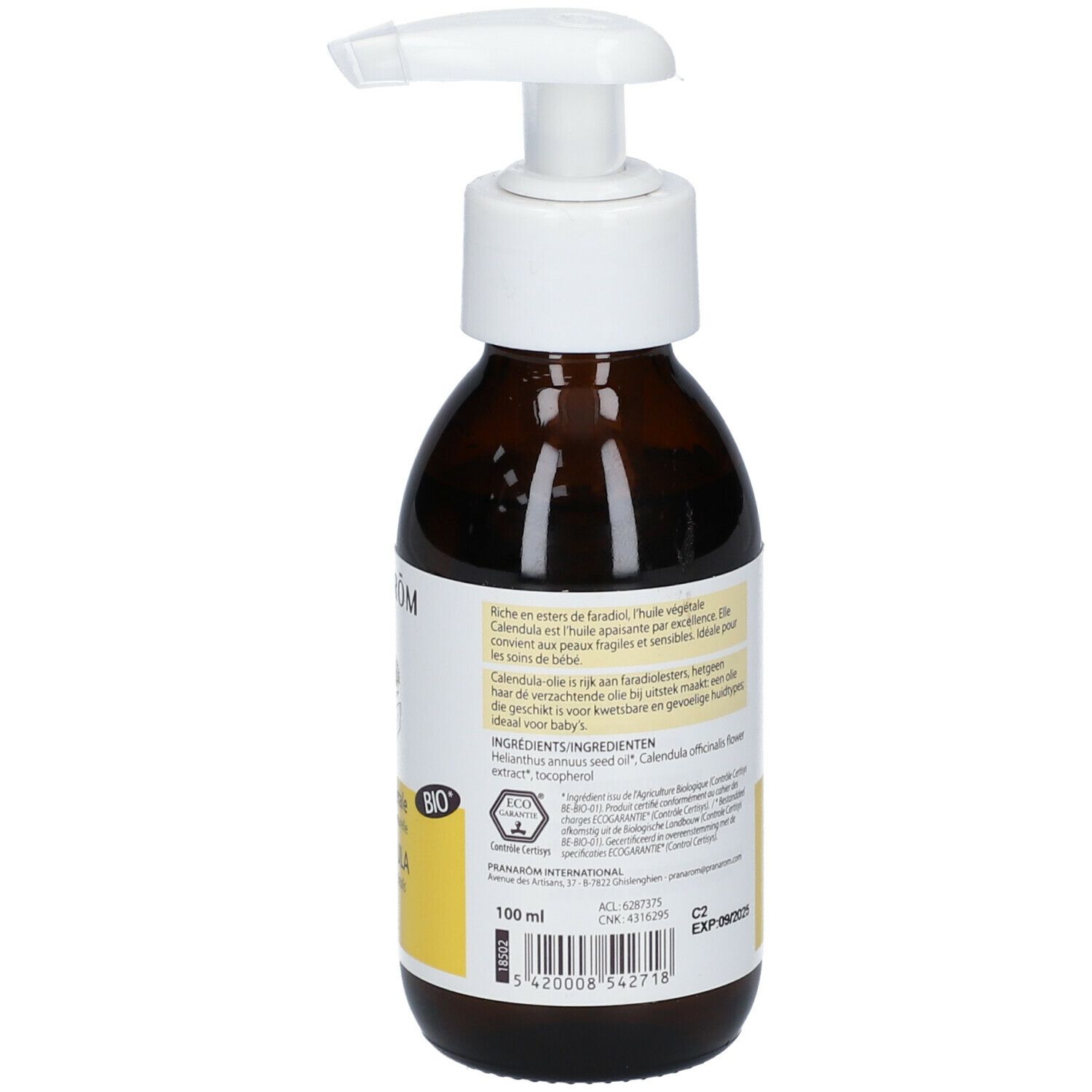 Braune Glasflasche mit weißem Pumpkopf. Rückseite mit Text und BIO-Siegel. Volumen: 100 ml. Aufschrift: Calendula.