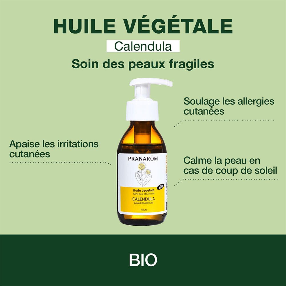 Produktflasche mit Text auf grünem Hintergrund. Text: Calendula, für empfindliche Haut.