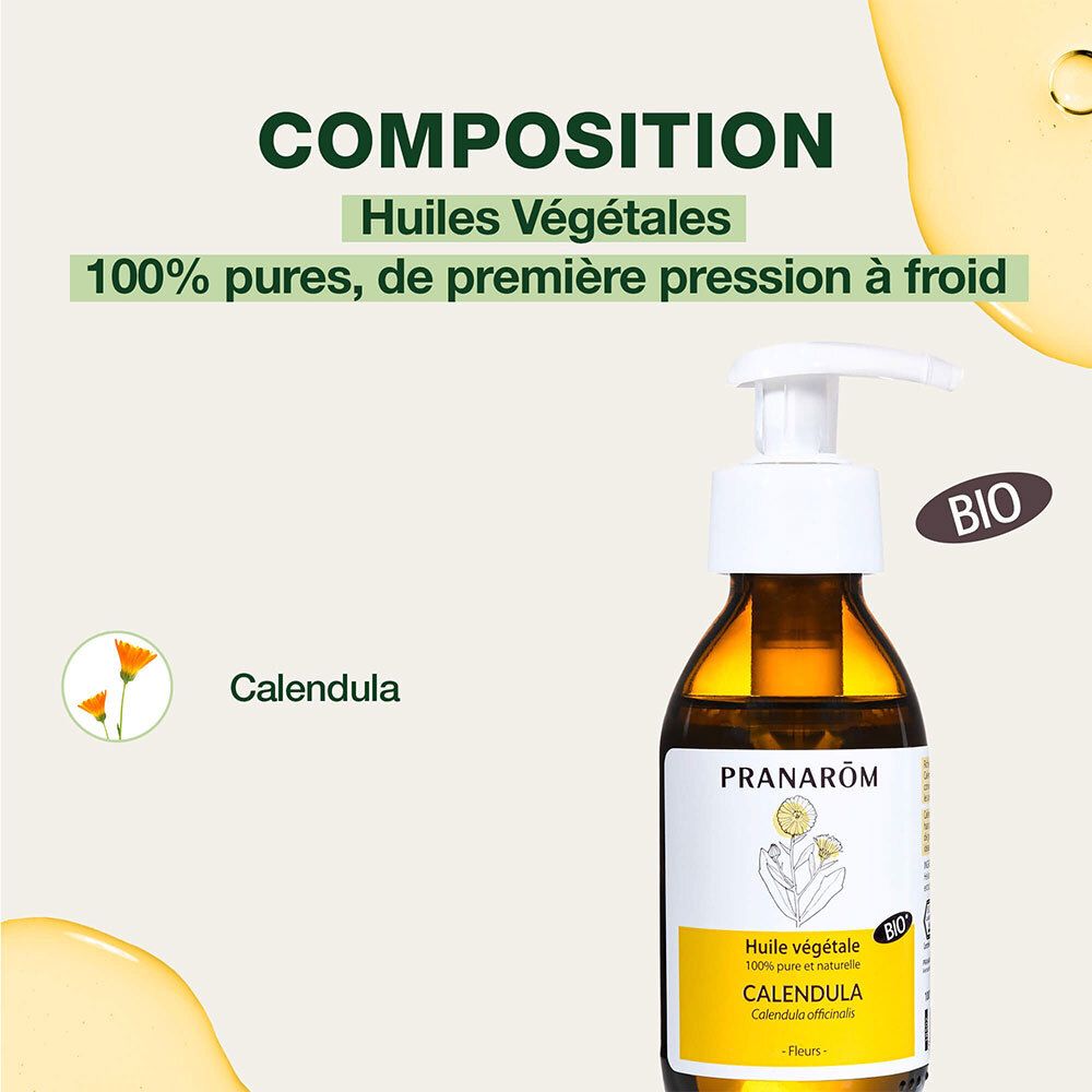 Produktflasche mit Text auf grünem Hintergrund. Text: Calendula, kaltgepresst.
