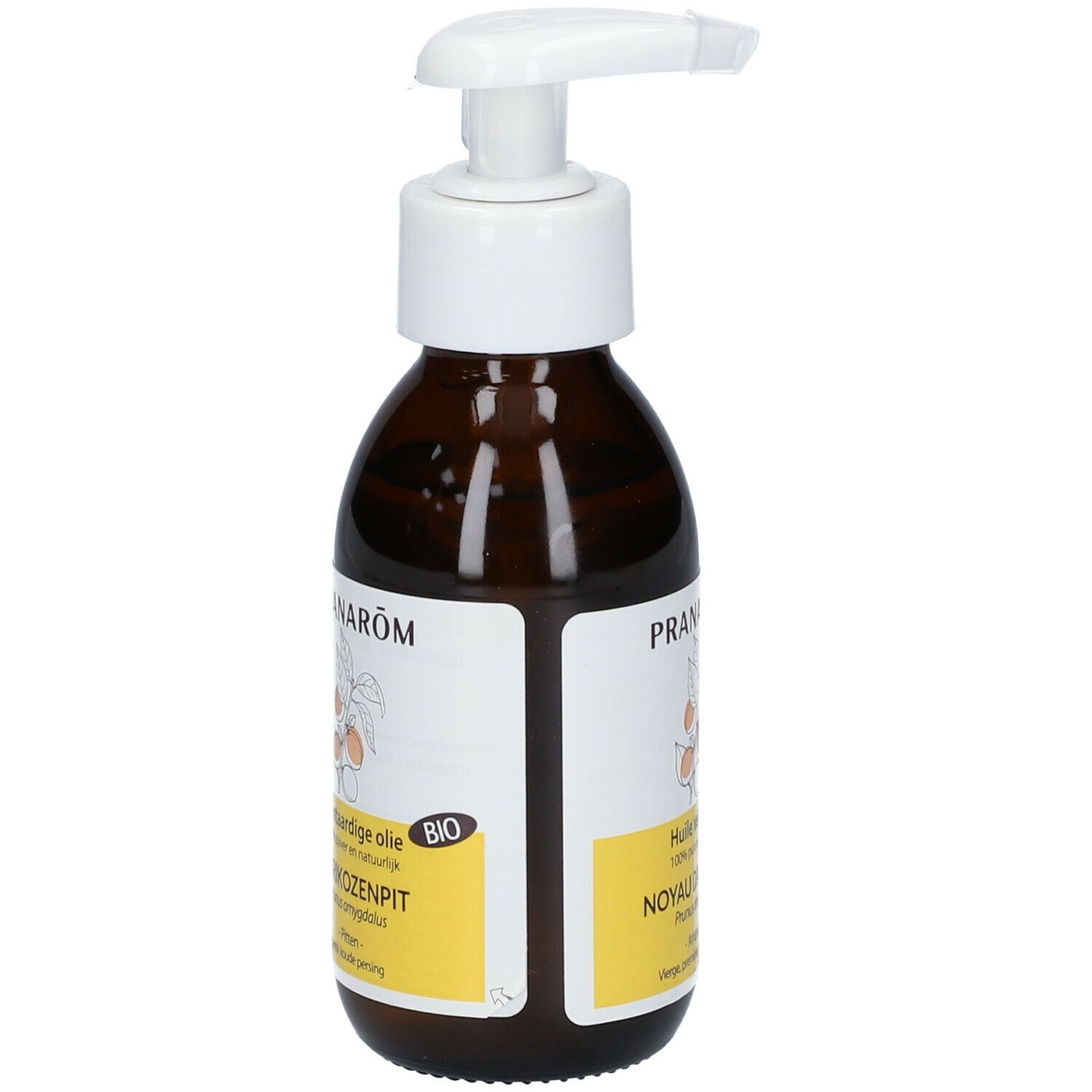 Bruine glazen fles met witte pomp. Etiket met productnaam en logo. BIO-certificering.