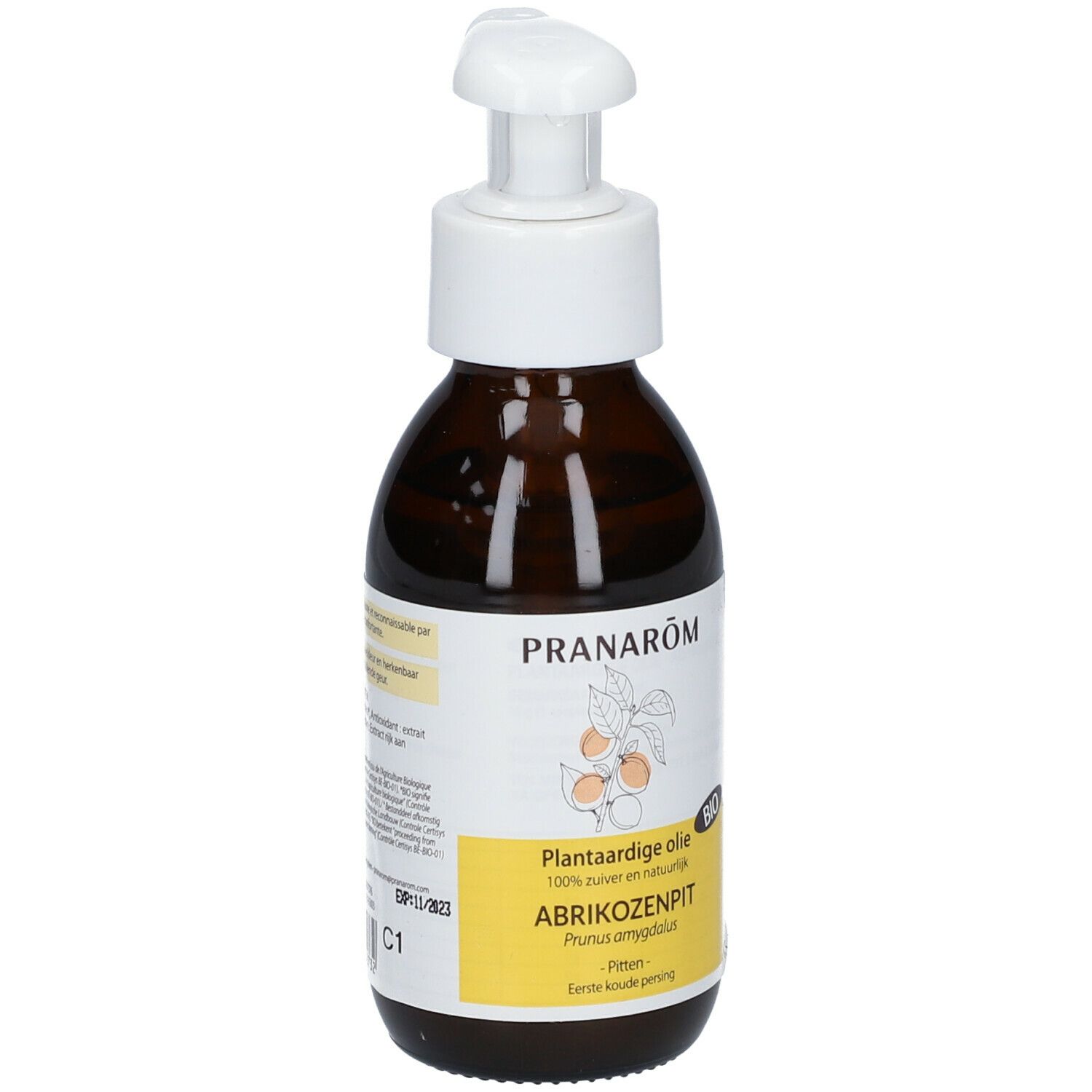 Bruine glazen fles met witte pomp. Etiket met productnaam en logo. BIO-certificering.