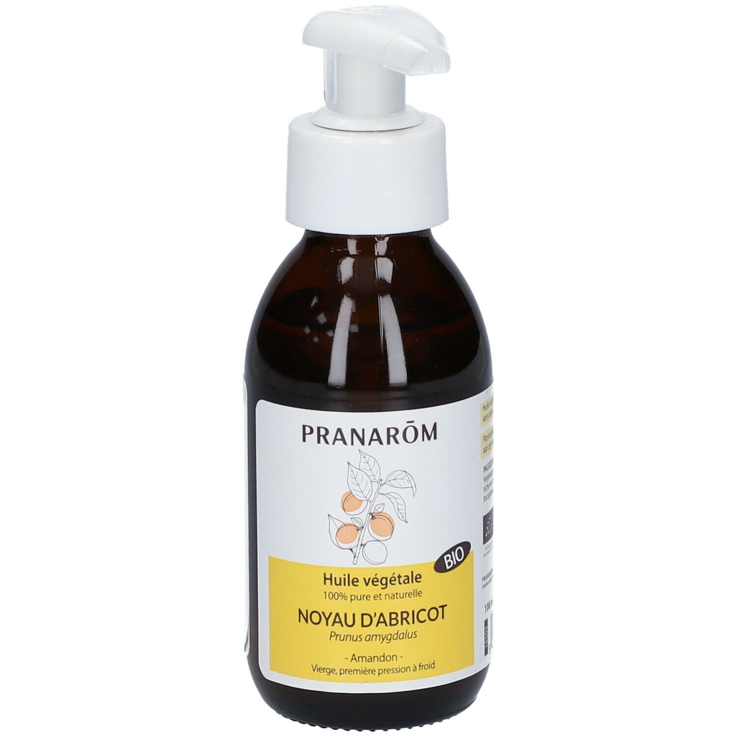 Bruine glazen fles met witte pomp. Etiket met productnaam en logo. BIO-certificering.