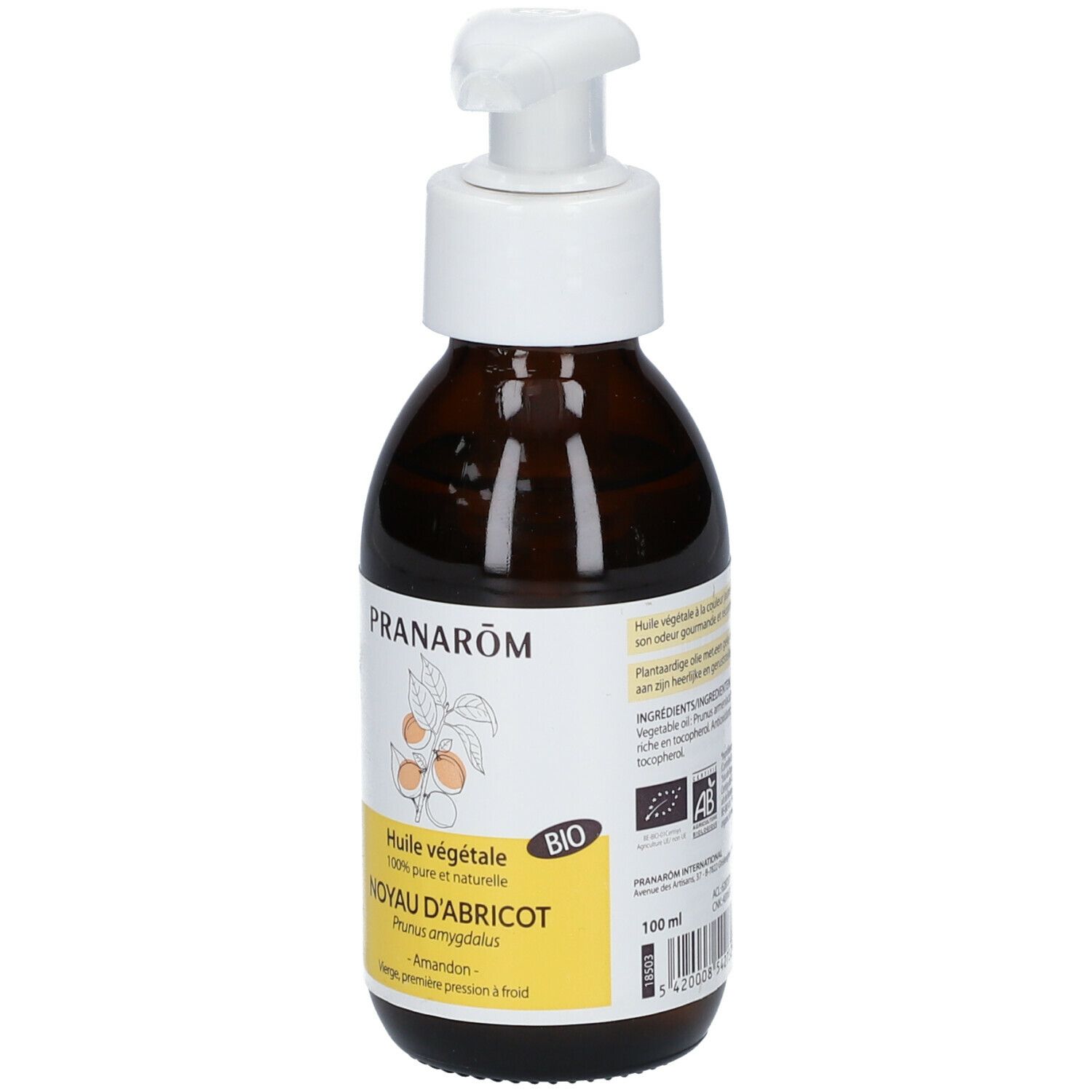 Bruine glazen fles met witte pomp. Etiket met productnaam, logo en BIO-certificering. 100 ml.