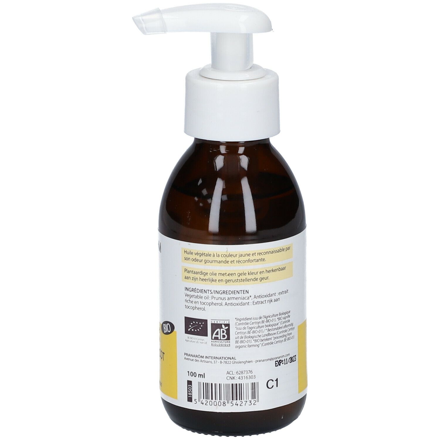 Bruine glazen fles met witte pomp. Etiket met productinformatie, logo en BIO-certificering. 100 ml.