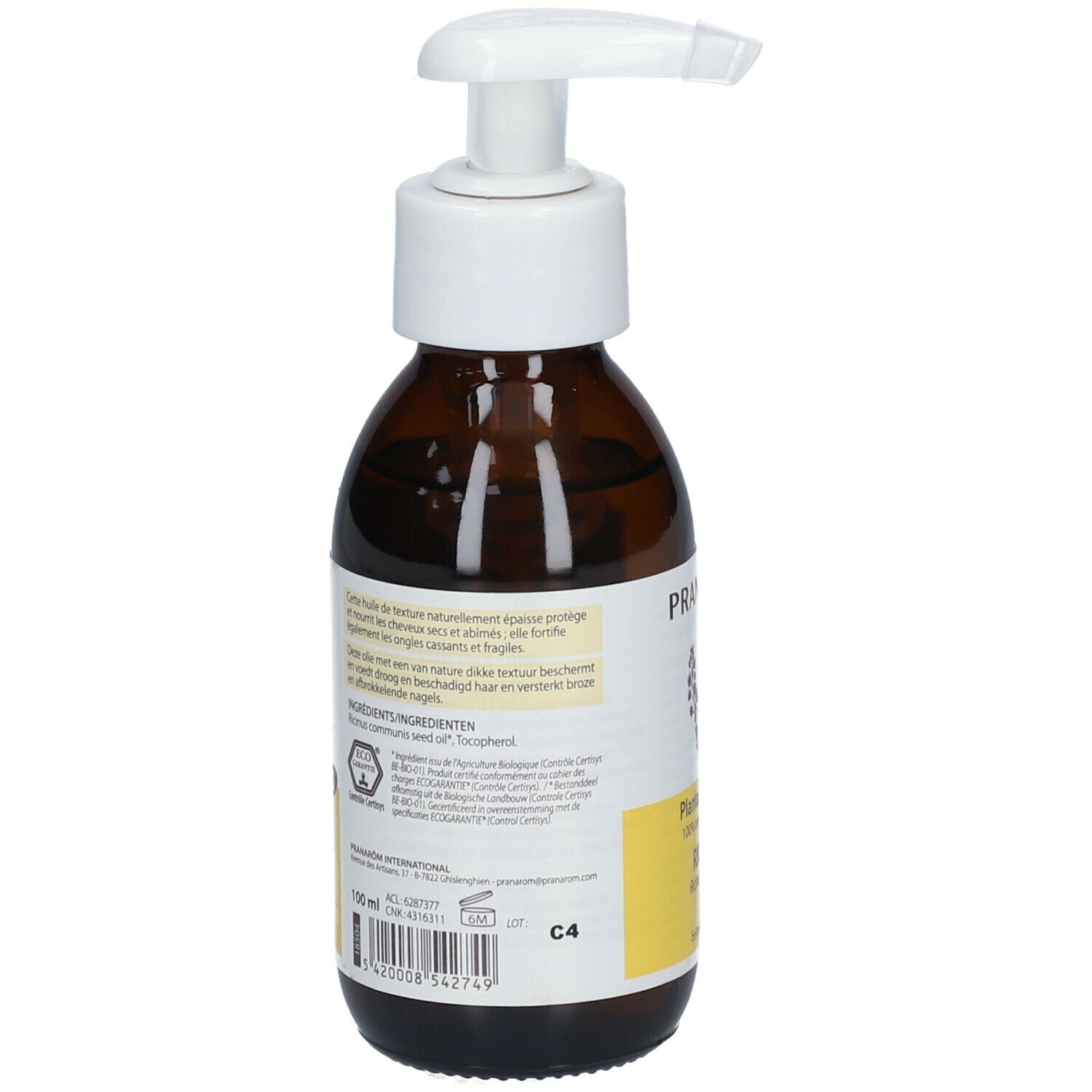 Achteraanzicht van een bruine glazen fles met witte pomp. Etiket met productinformatie en ingrediënten.