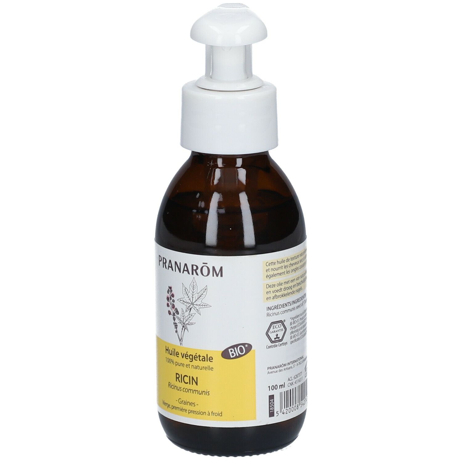 Bruine glazen fles met witte pomp. Etiket met productnaam, merk Pranarôm en BIO-keurmerk.