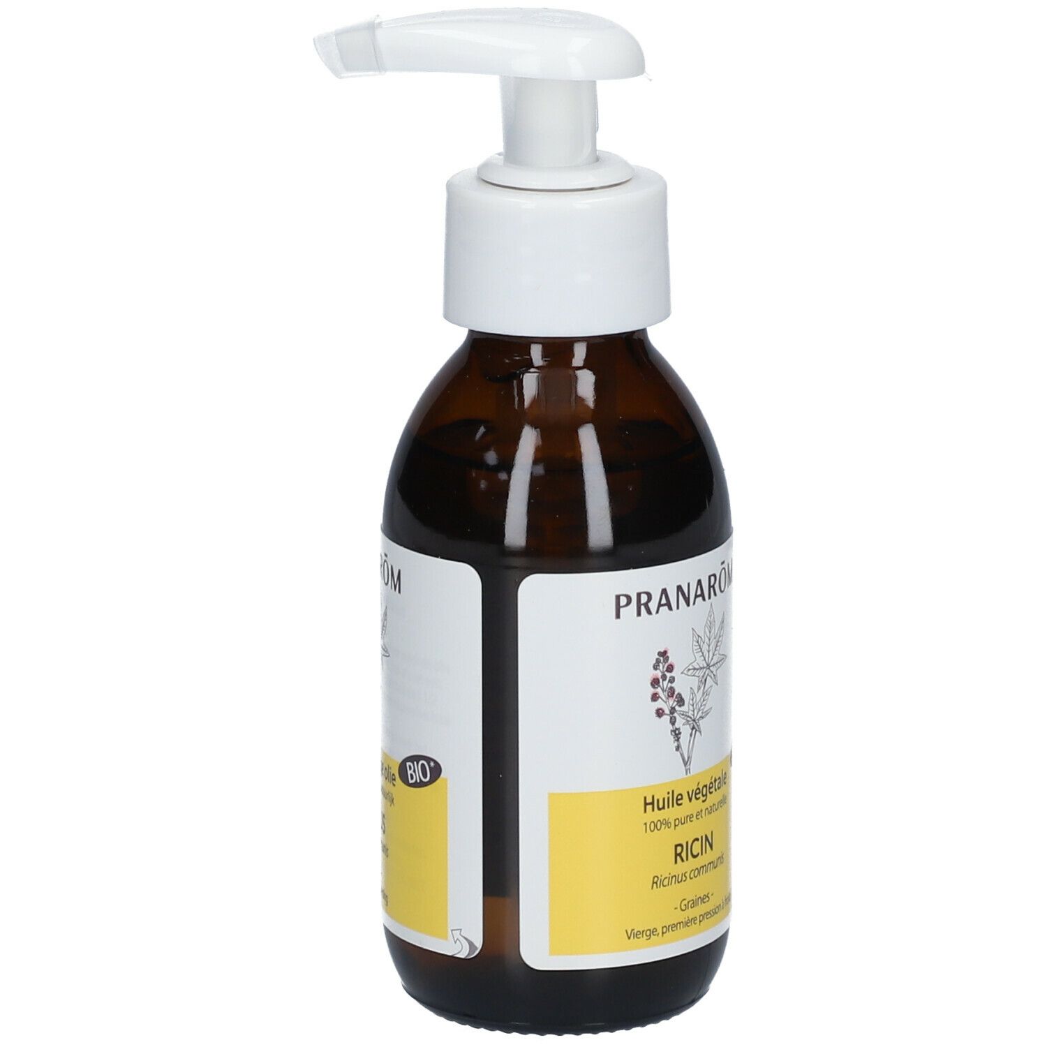 Bruine glazen fles met witte pomp. Etiket met productinformatie, merk Pranarôm en BIO-keurmerk.