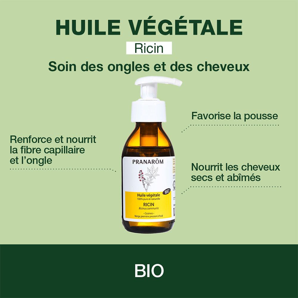 Produktflasche mit Text auf grünem Hintergrund. Text: Huile Végétale Ricin. BIO-Zertifizierung.