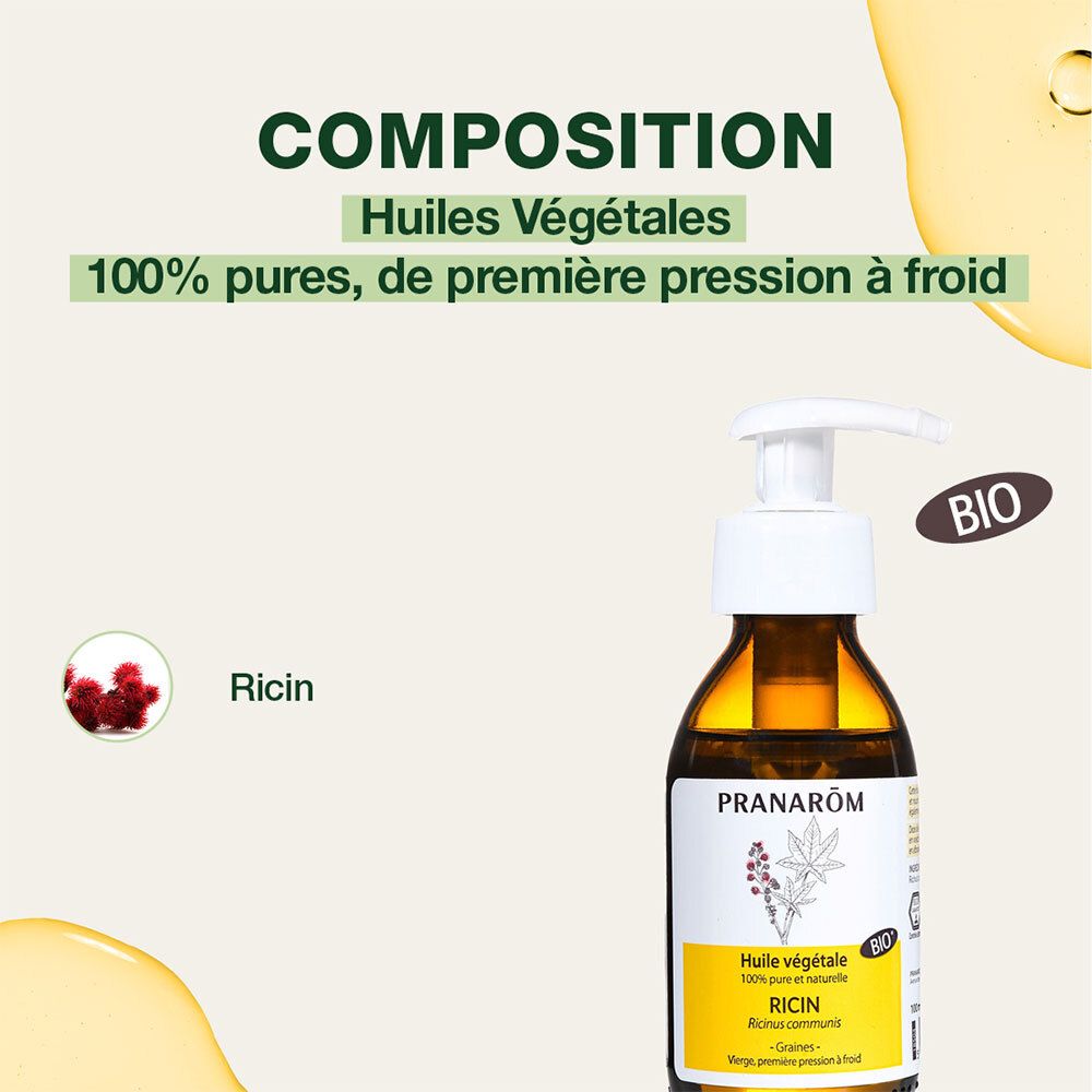 Produktflasche mit Text auf grünem Hintergrund. Text: Huiles Végétales. BIO-Zertifizierung.