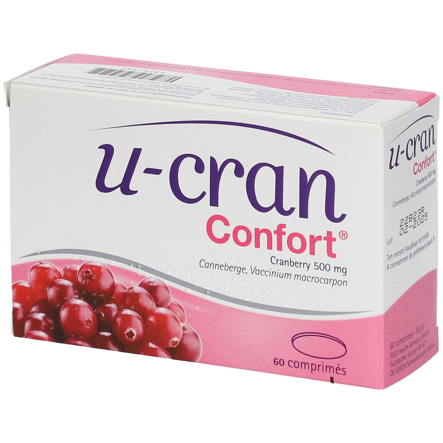 Boîte blanche et rose avec nom du produit et illustration de canneberges. Contient 60 comprimés. Inscription : Cranberry 500 mg.