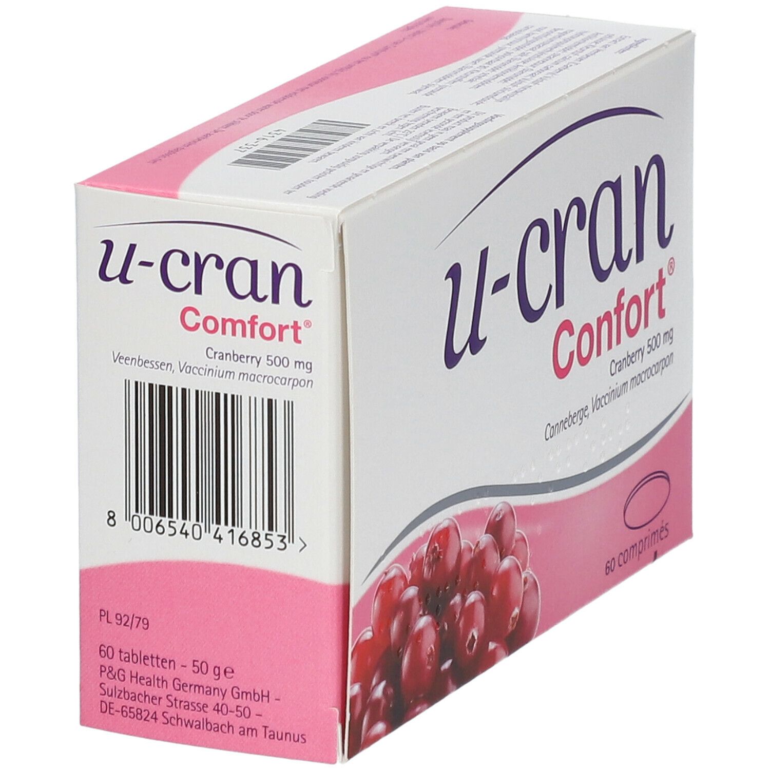 Boîte avec nom du produit et code-barres. Inscription : Cranberry 500 mg. Illustration de canneberges. Contient 60 comprimés.