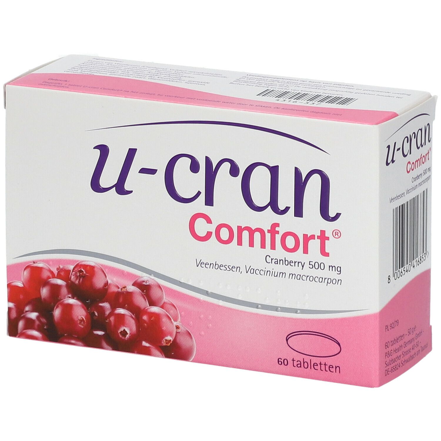 Boîte blanche et rose avec nom du produit et illustration de canneberges. Contient 60 comprimés. Inscription : Cranberry 500 mg.