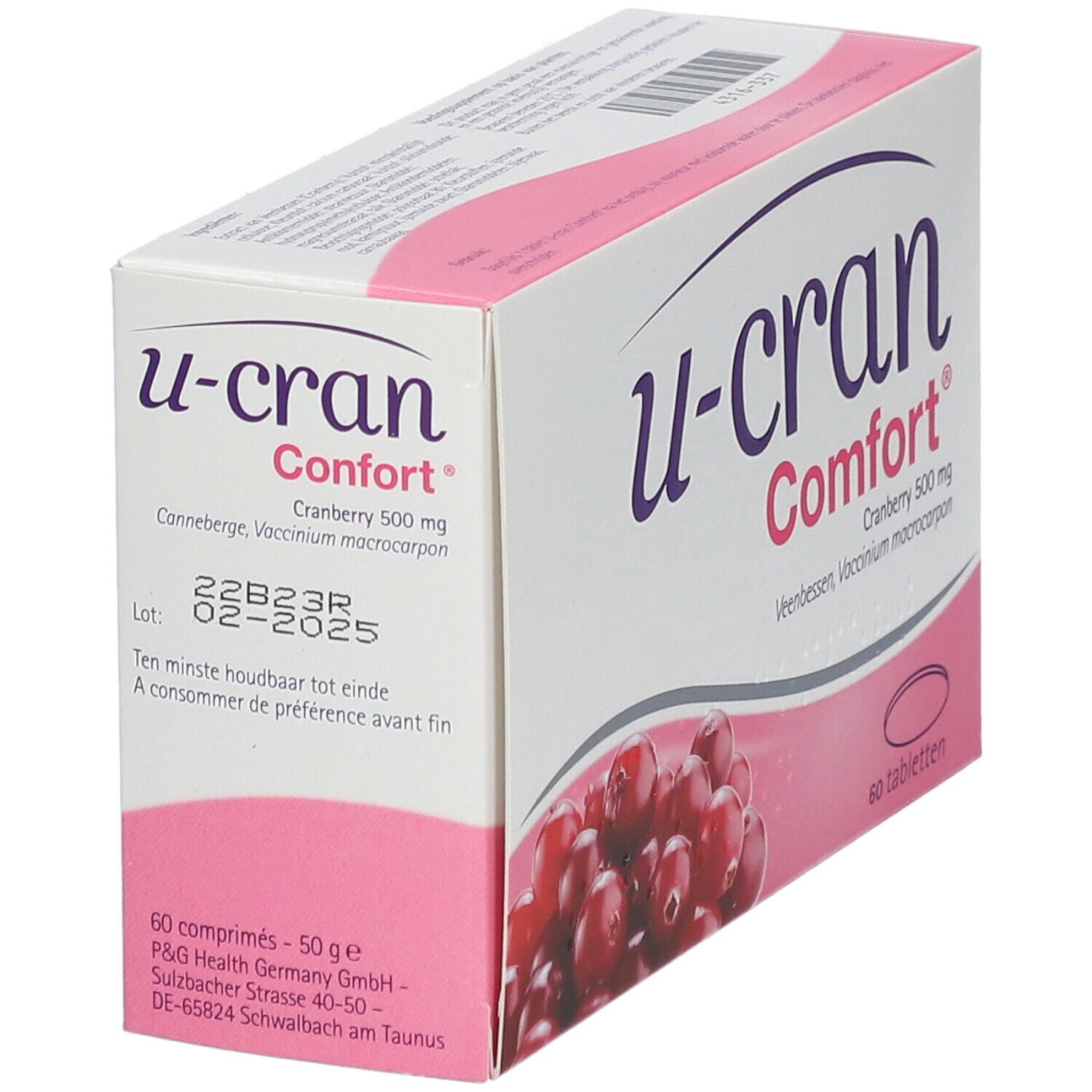 Boîte avec nom du produit et illustration de canneberges. Contient 60 comprimés. Inscription : Cranberry 500 mg. Date de péremption.