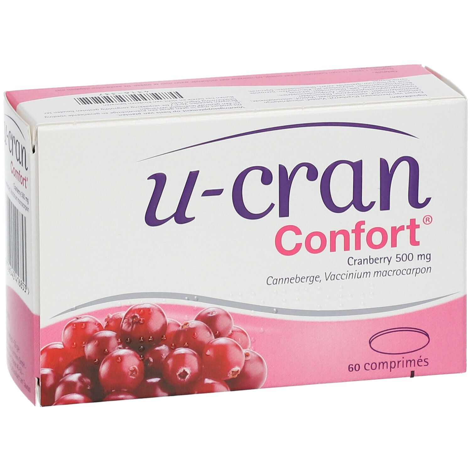 Boîte blanche et rose avec nom du produit et illustration de canneberges. Contient 60 comprimés. Inscription : Cranberry 500 mg.
