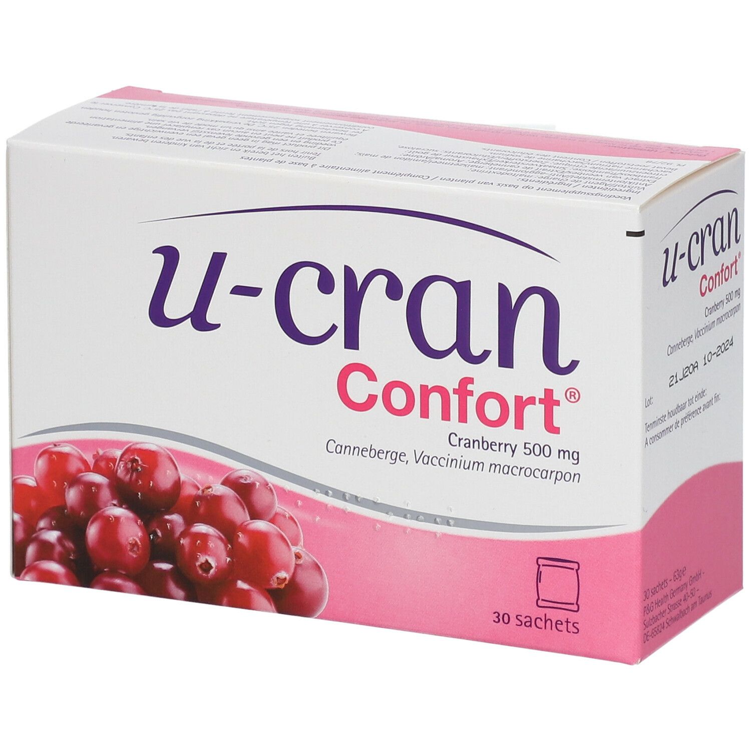 Verpakking van U-Cran Comfort®. Opschrift: Cranberry 500 mg, 30 sachets. Afbeelding van veenbessen.