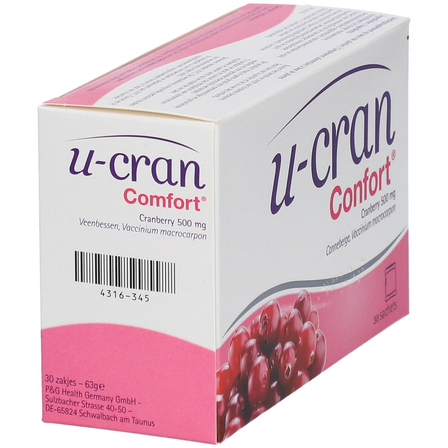 U-Cran Comfort®-verpakking. Opschrift: Cranberry 500 mg, 30 sachets. Barcode. Afbeelding van veenbessen.