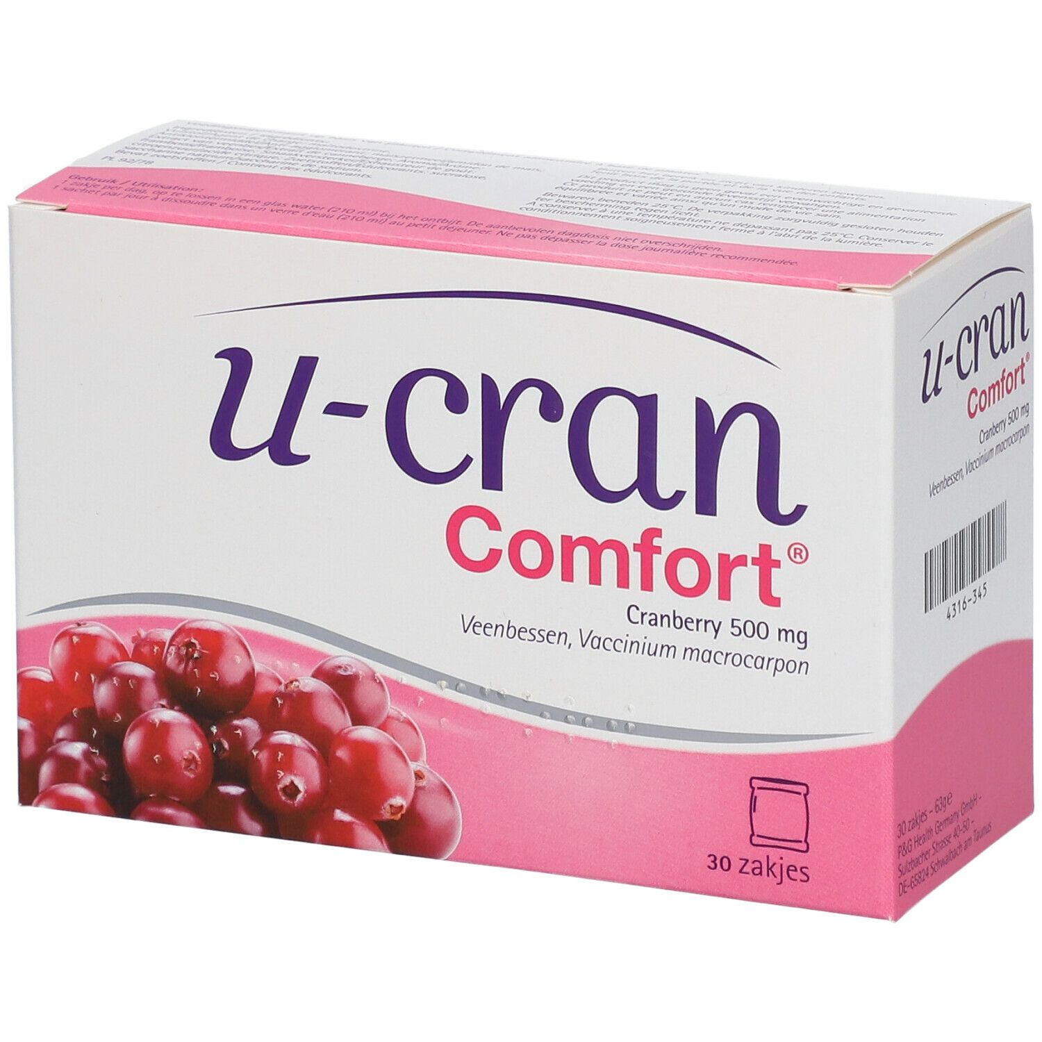 U-Cran Comfort®-verpakking. Opschrift: Cranberry 500 mg, 30 sachets. Afbeelding van veenbessen.