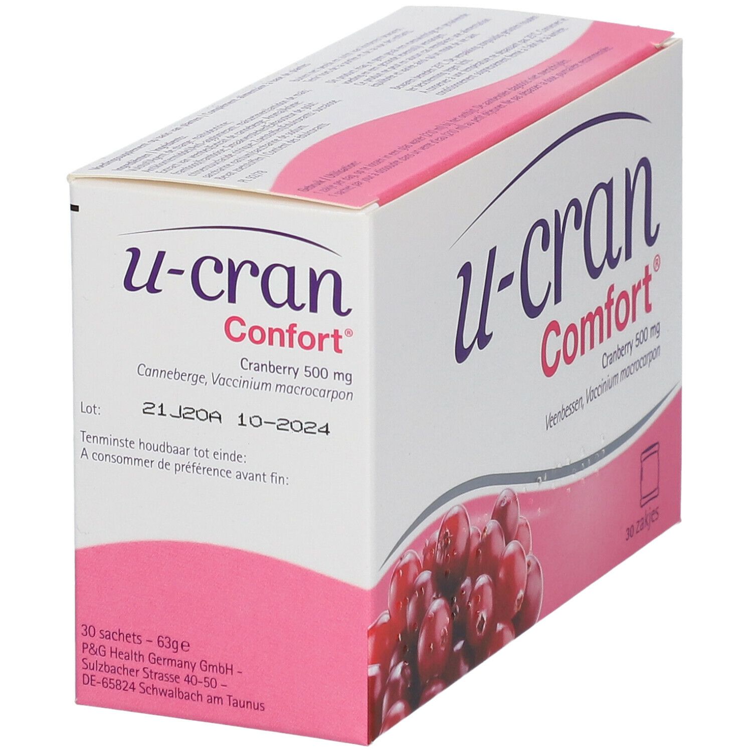 U-Cran Comfort®-verpakking. Opschrift: Cranberry 500 mg, 30 sachets. Houdbaarheidsdatum. Afbeelding van veenbessen.